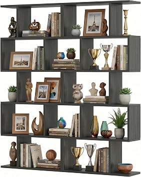 DIYART 5-Tier Geometric Bookcase Set of 2, 63" Tall S-Shaped Bookshelf & Room Divider, Modern Dark Grey Freestanding Display Shelving Unit for Living Room, Hallway, Home Office