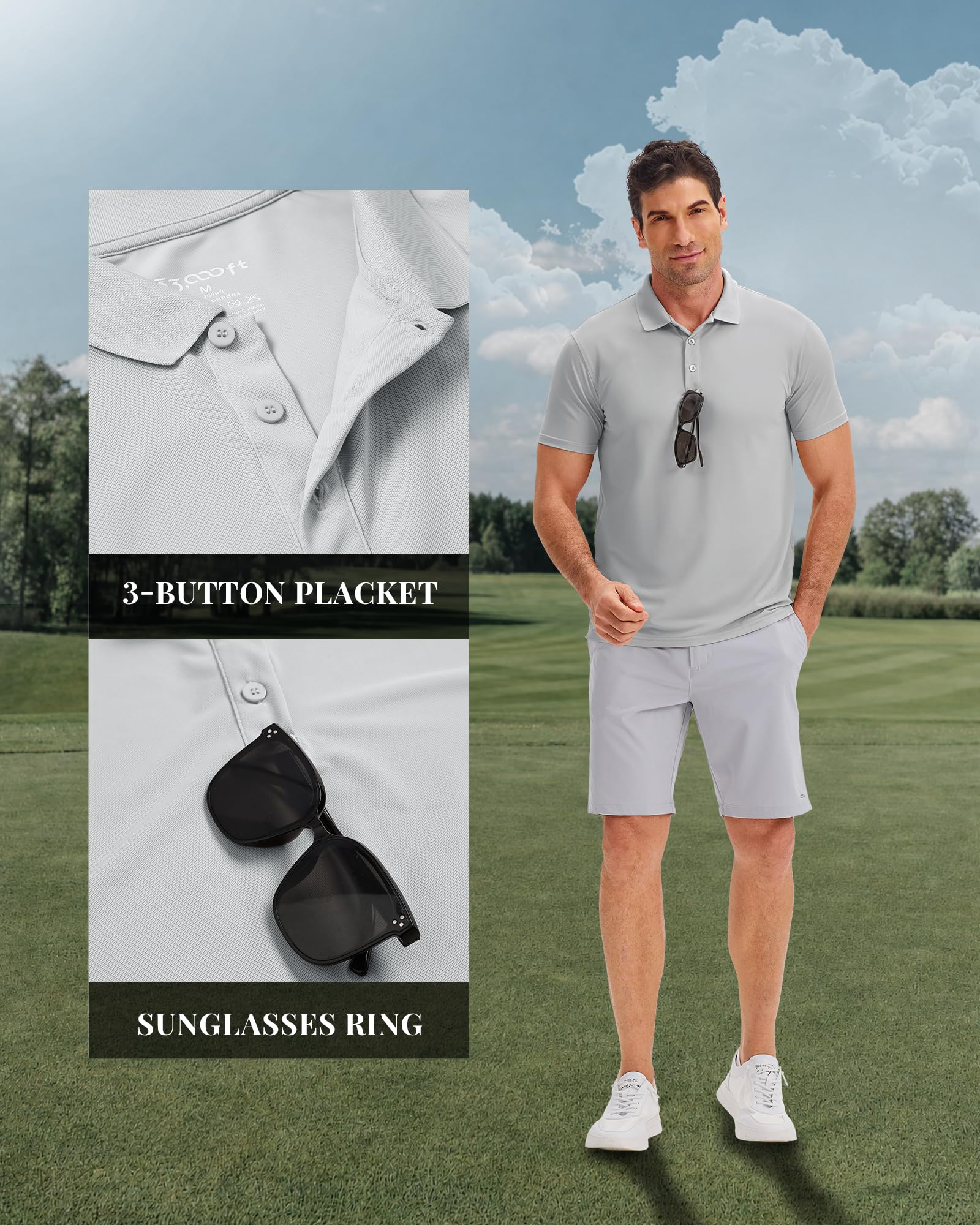 33,000ft Polo da uomo da golf UPF50+, protezione solare estiva, a maniche corte, ad asciugatura rapida, per sport all'aria aperta, in tinta unita, per uomini per golf, tennis