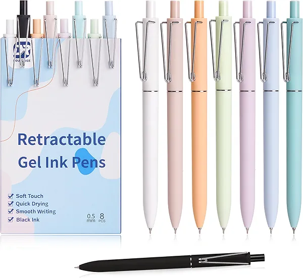 Retractable Gel Pens, 0.5 mm Pens, Smooth Black Ink Pens, 8 PCS Fine Point Writing Pens for Journaling, Quick Drying, Non Skipping, Smudge Free, Cute Aesthetic Office School Supplies Gifts for Women