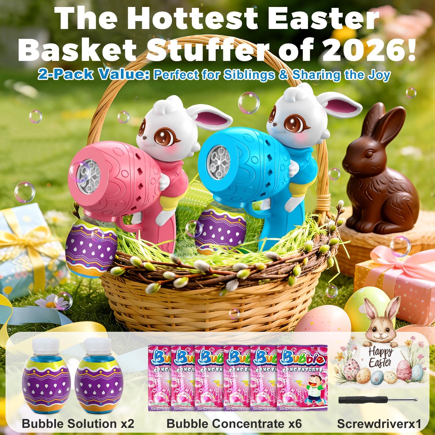 Easter Bubble Guns for Toddlers & Kids: Easter Basket Stuffers 2-Pack Bunny & Egg Themed - Leak-Proof Bubble Blaster Toys with Refill Solution - Perfect for Easter Egg Hunt & Outdoor Party