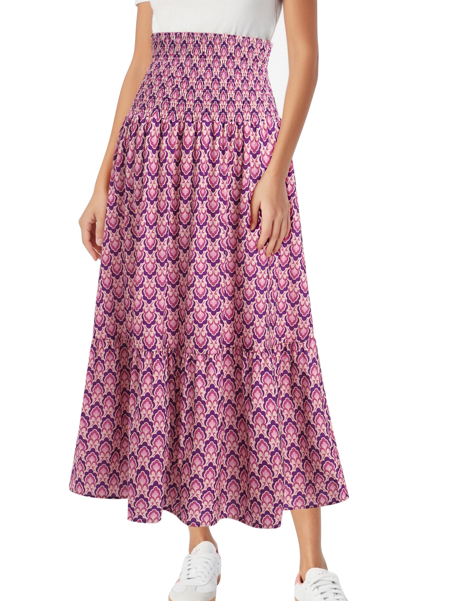 – Women Floral Print Skirts Boho Flowy Elastic High Waist Maxi Skirts for Women 2 in 1 Vintage Maxi Skirt Summer Long Dresses Elegant A-Line Beach Skirt