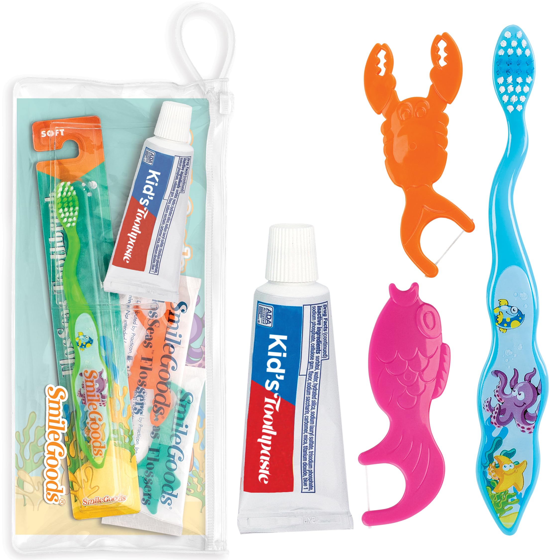 Practicon FlosSeas Child Dental Care Kit, Travel Size Bundle w/Assorted Color Toothbrush, Kids Toothpaste and Flossers, TSA Friendly Kids Oral Care Kit
