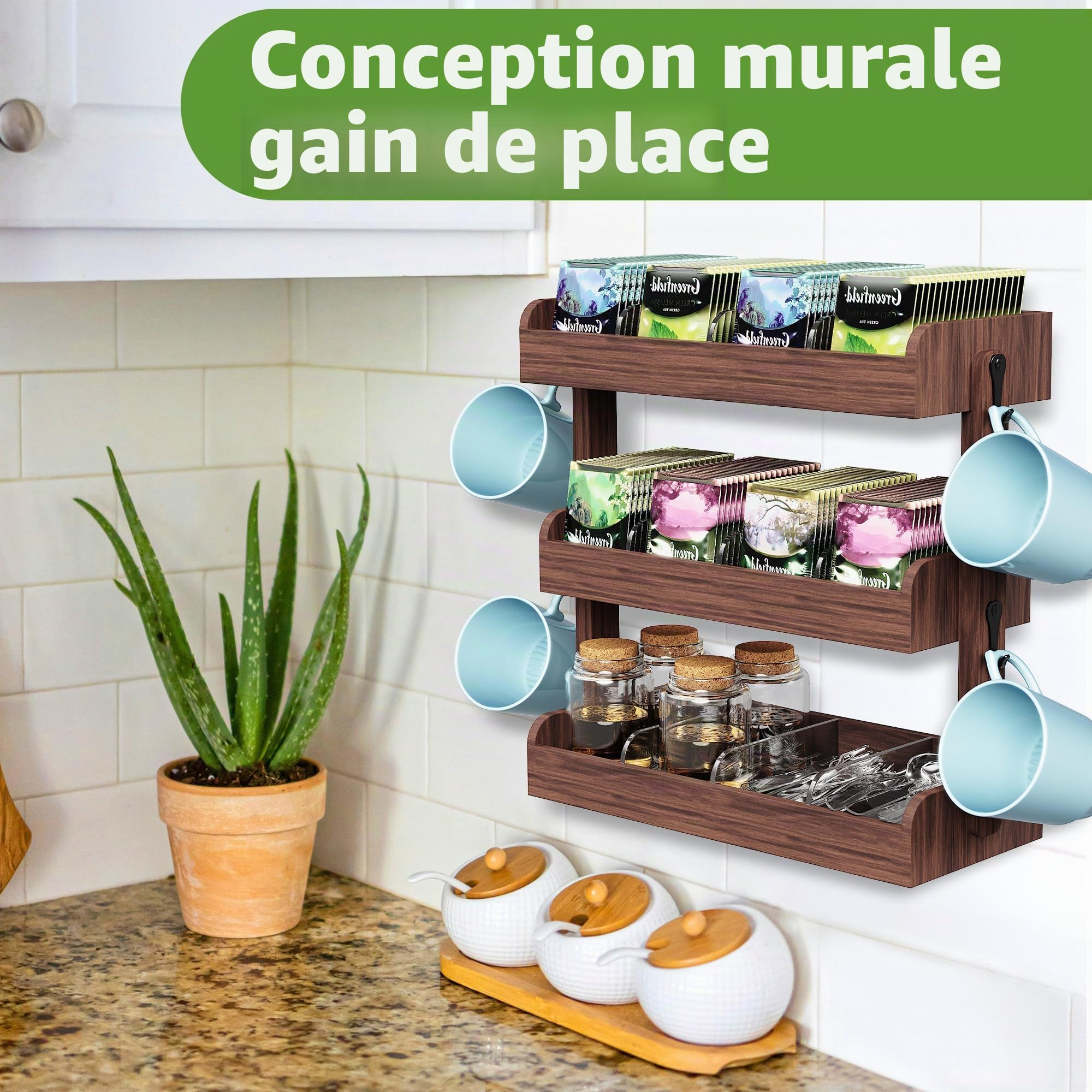 Organisateur de sachets de thé à 3 étages, porte-sachets mural avec séparateurs, rangement de thé avec 4 crochets, boîte en bois pour bureau et cuisine