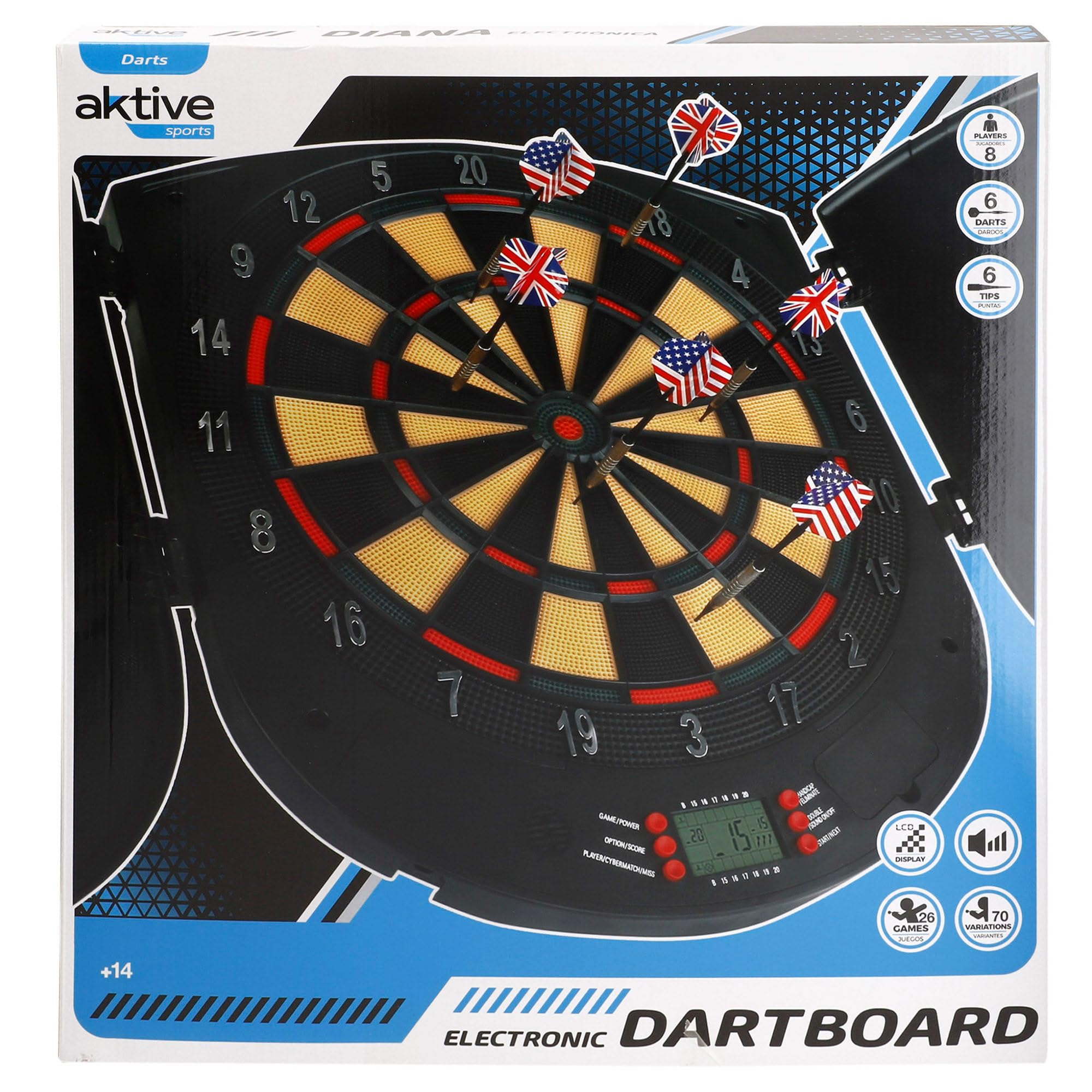 AKTIVE Cible de Fléchettes Électronique Murale 54 cm, 26 Jeux et 70 Variantes, Panneau Numérique, Lumières, 6 Fléchettes et 6 Pointes Supplémentaires, Portes Pliantes, 2 Piles AA (Non Incluses)