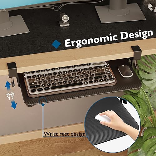 Miniatura 6 de BONTEC Bandeja pequeña para teclado para juegos debajo del escritorio, fibra de carbono coloreada, bandeja extraíble para teclado y mouse con