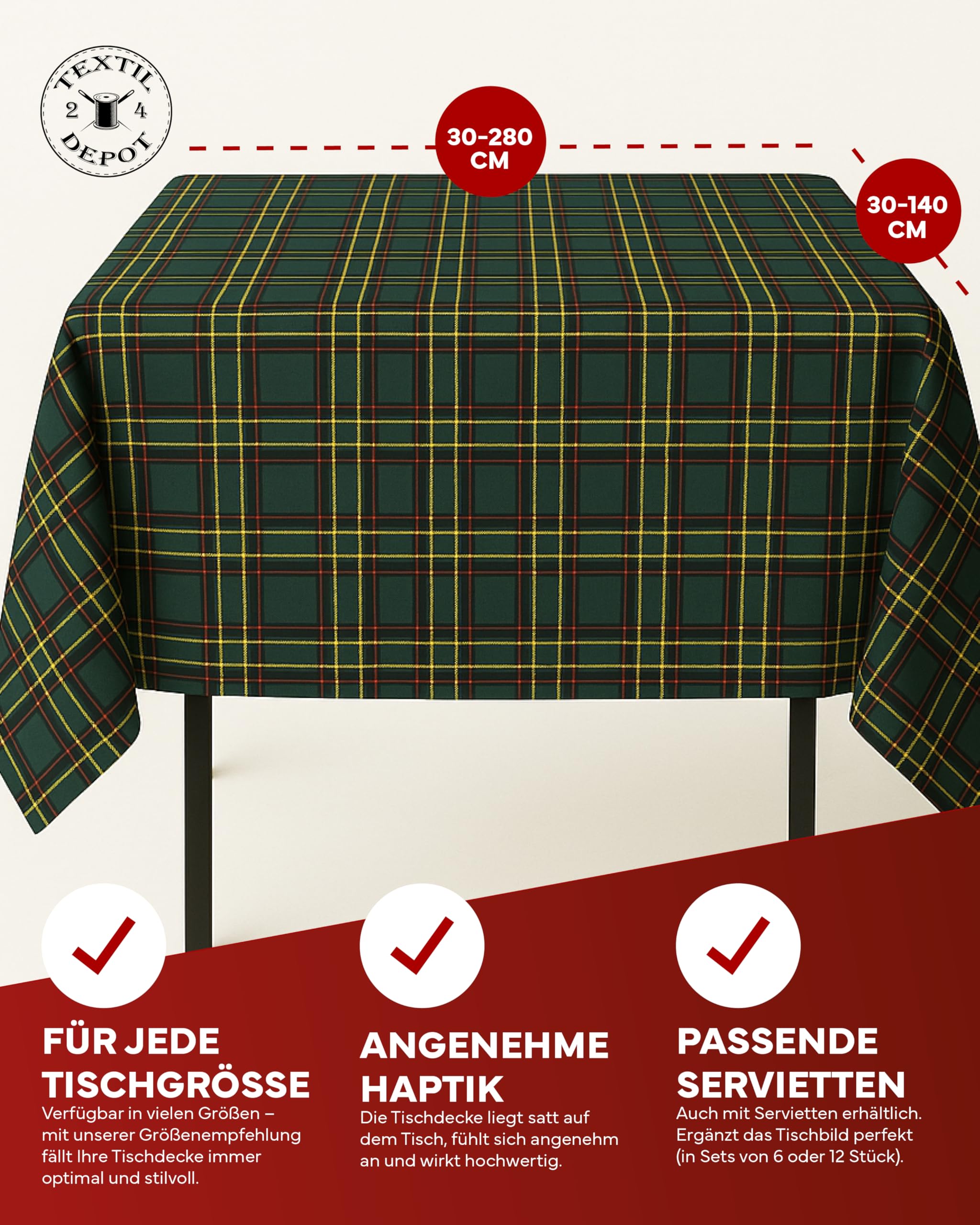Tischdecke 130 x 170 cm Schottenkaro grün Tartan kariert 100% Polyester Weihnachten