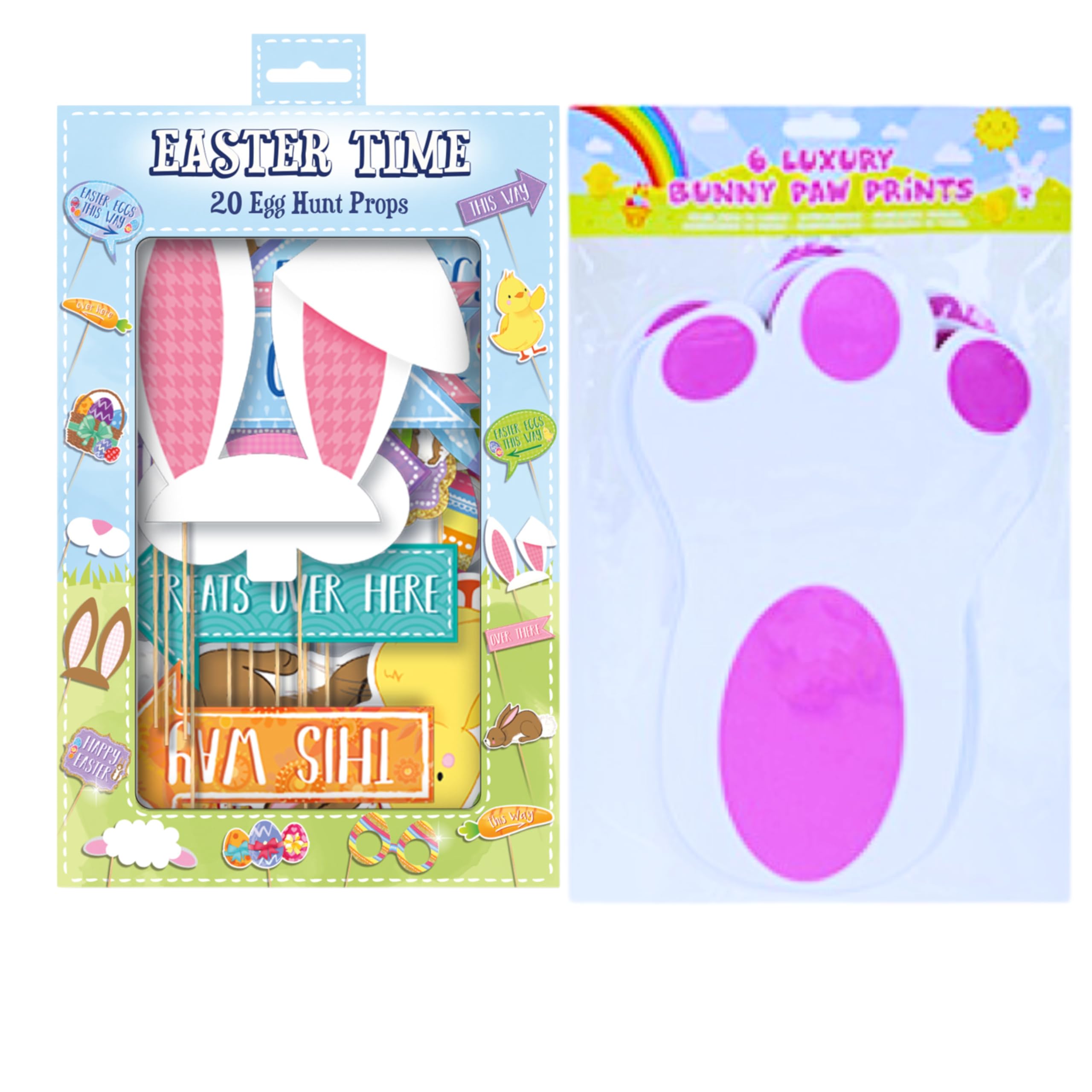 AKEDE Easter Egg Hunt Signs With Sticks - 20 Pack and 6pcs Large Bunny Footprints For Easter Garden Decoration, Party Game Supply - Easter Hunting Arrows Kit