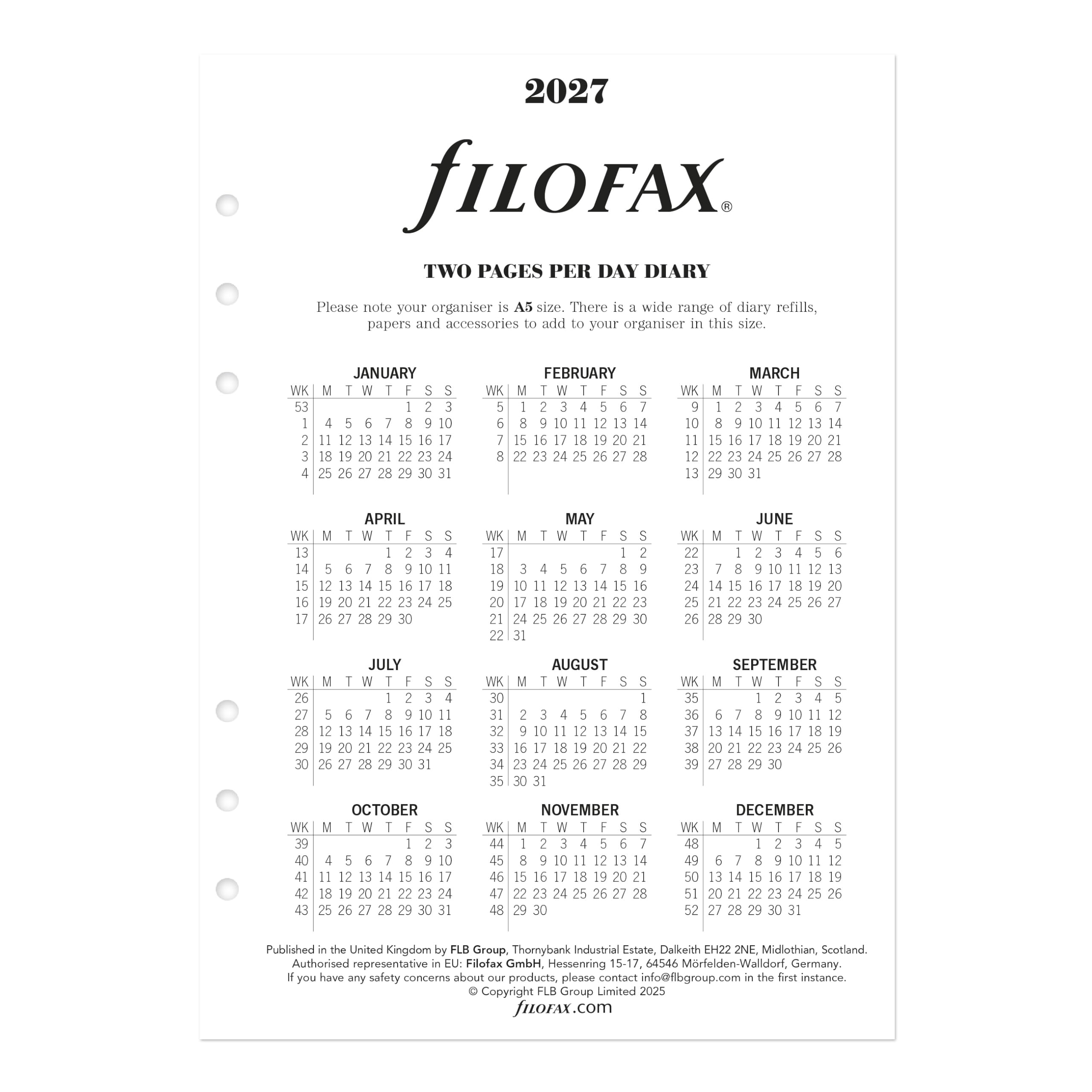 Filofax CTM7031-27 Recharge pour agenda format A5, un jour sur deux pages avec rendez-vous, gestion du temps, papier blanc, anglais, 2027