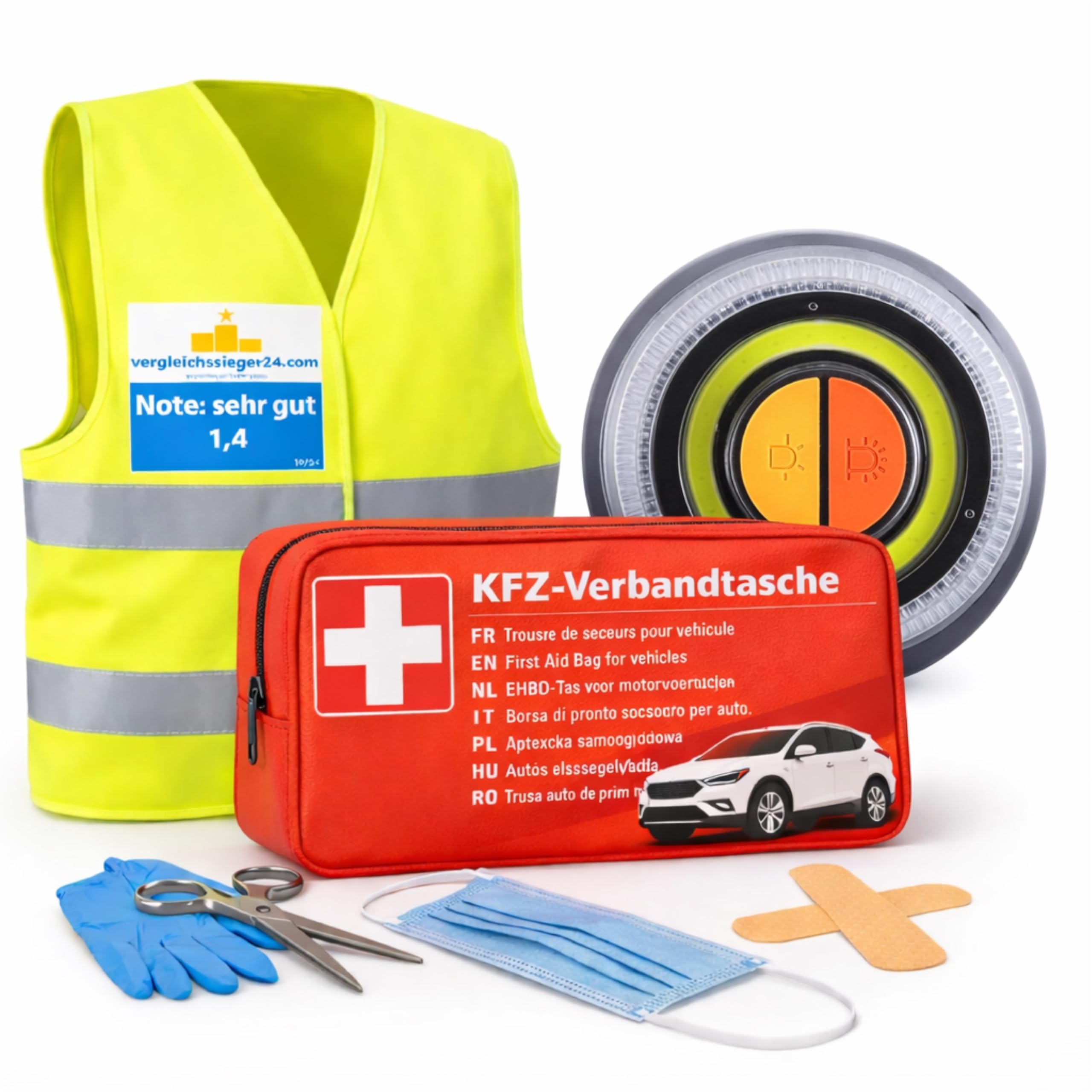 3 in 1 Auto & PKW Erste-Hilfe-Kit 2026 EN ISO 20471 V16 Warnleuchte Verbandskasten Warnweste Pannenset