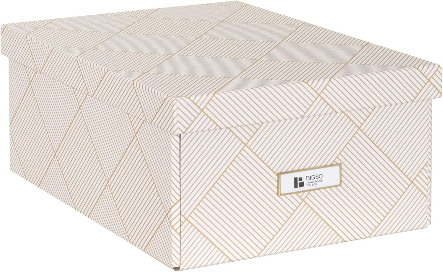 Bigso Katia Collapsible Storage Box with Lid - Decorative Photo Storage Box with Label Holder for Easy Identification - Simple Assembly without Tools - W11.3 x D15.4 x H6.4 (inches) - Squares Gold