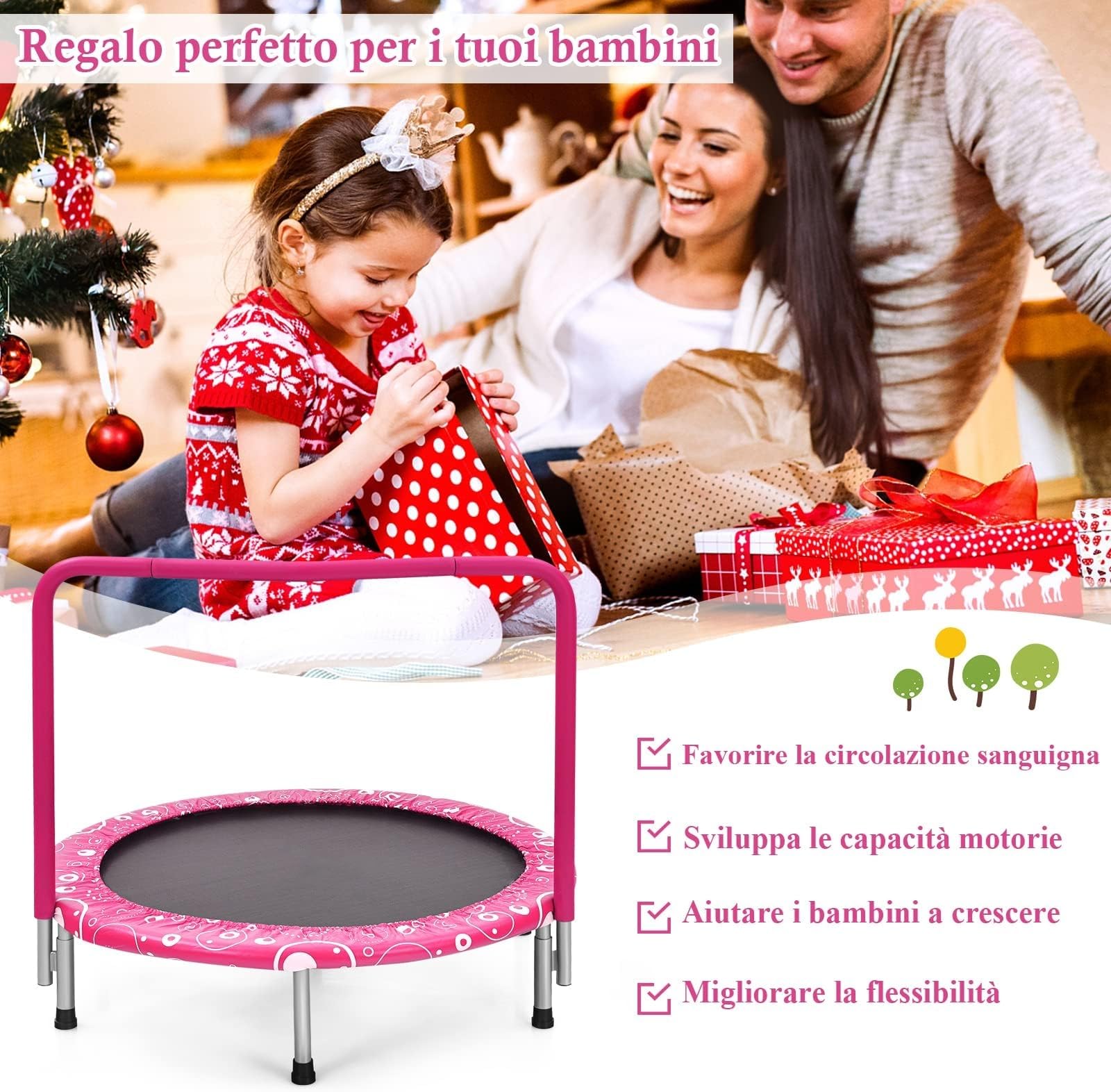 GYMAX Trampolino Pieghevole per Bambini, Trampolino Elastico con Maniglia Staccabile, con Struttura in Ferro, Portata 150 kg, Ideale per Interno ed Esterno, 92x92x80 cm (Rosa)