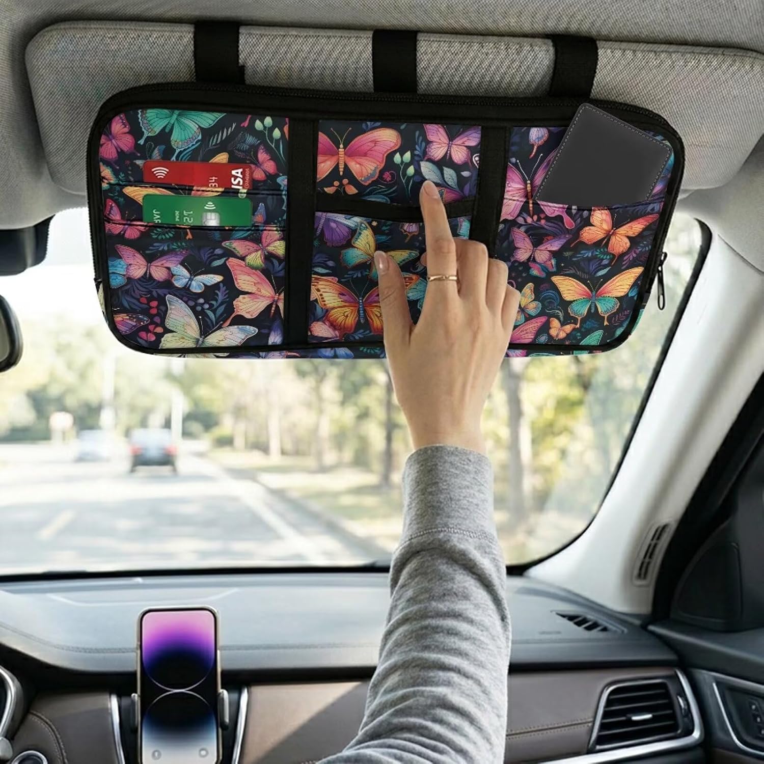 Butterfly Sun Visor Organizer Small Auto Interior Visor Storage Pouch Holder with Zipper Auto Sunshade Organizer Bag, Sunvisor Storage Fashion Car Accessories Fit for AUTO SUV & Truck