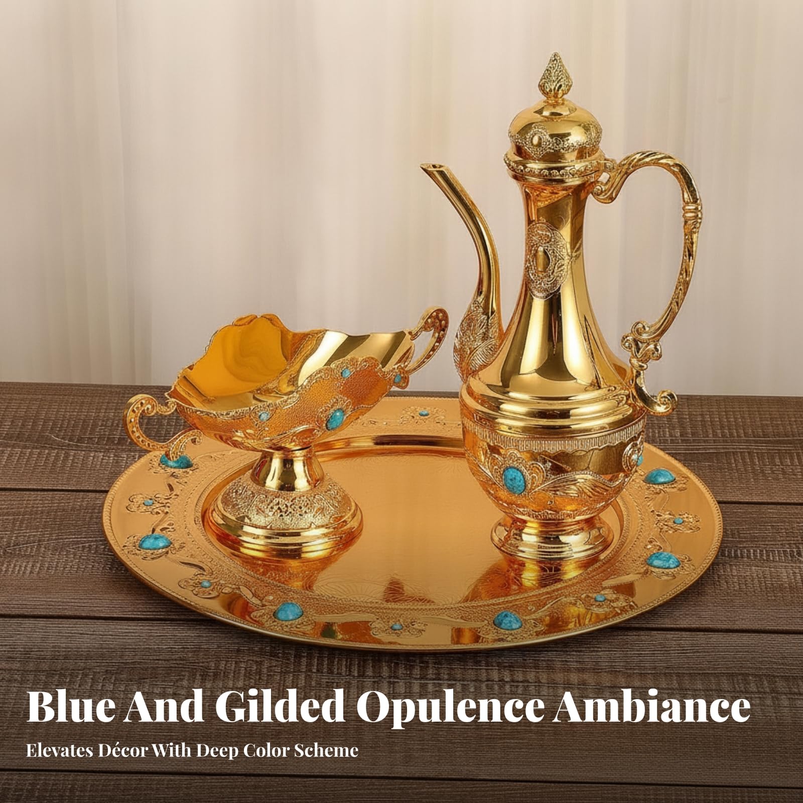 Jarra Tapada Centro Espejado Set Ornamental Estilo Tradicional Bandeja Redonda para Servir Bebidas, Dorado Y Azul