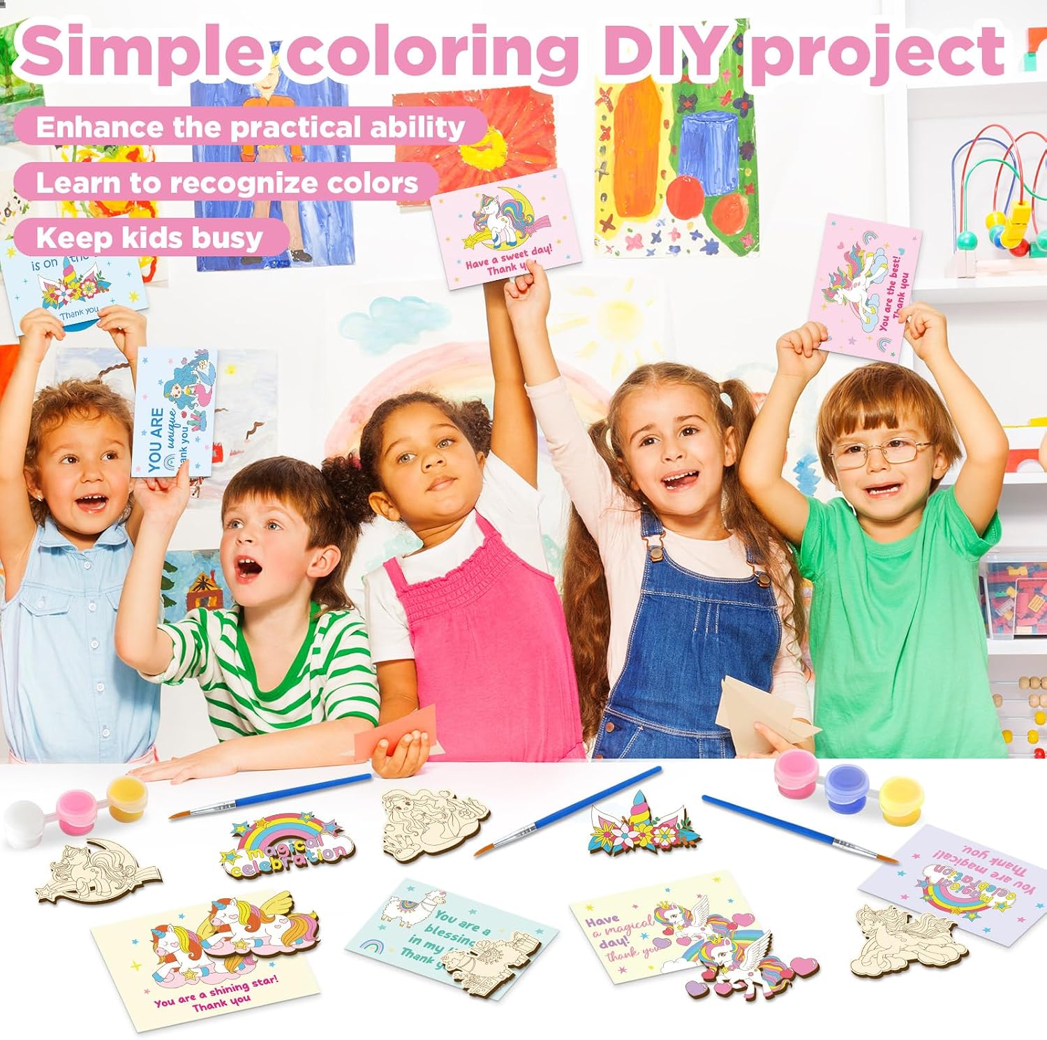 24 Set Unicorn Birthday Party Favors Cards with Wood Painting Crafts Unicorn Coloring Party Supplies Unicorns Wooden Arts and Crafts Tables Centerpieces for Baby Shower Christmas Gifts Decorations