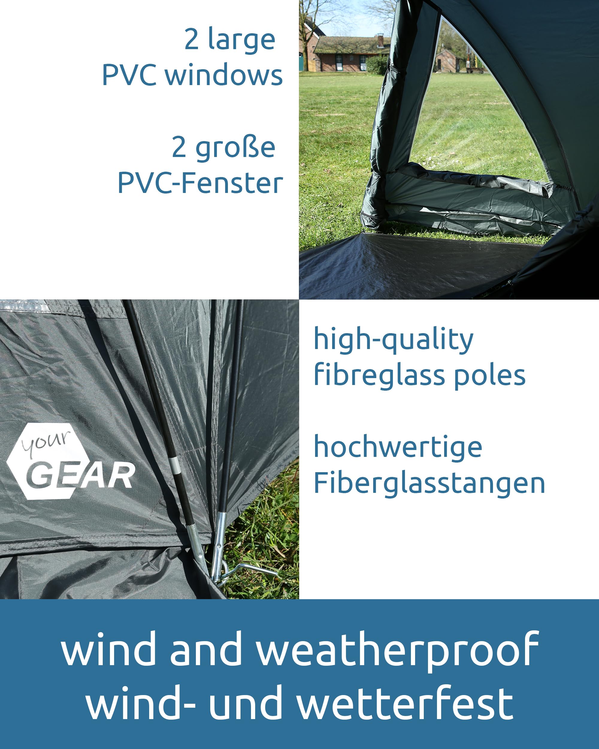 Your GEAR Monza - Tenda a cupola per 4 persone, UV50+, impermeabile, 3000 mm, con stelo, telone per pavimento, finestra, 56 x 20 x 20 cm