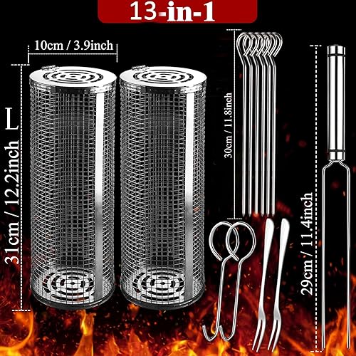 Miniatura 16 de Cestas de parrilla con ruedas para parrilla al aire libre, tubo de red de barbacoa de acero inoxidable, accesorios grandes de malla redonda, jaula