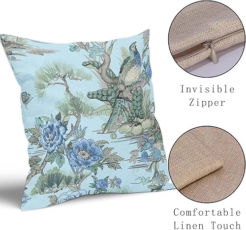 Miniatura 3 de Juego de 2 fundas de almohada de 18 x 18 pulgadas con diseño de flores azules y pájaros, fundas de almohada decorativas de lino con acuarela