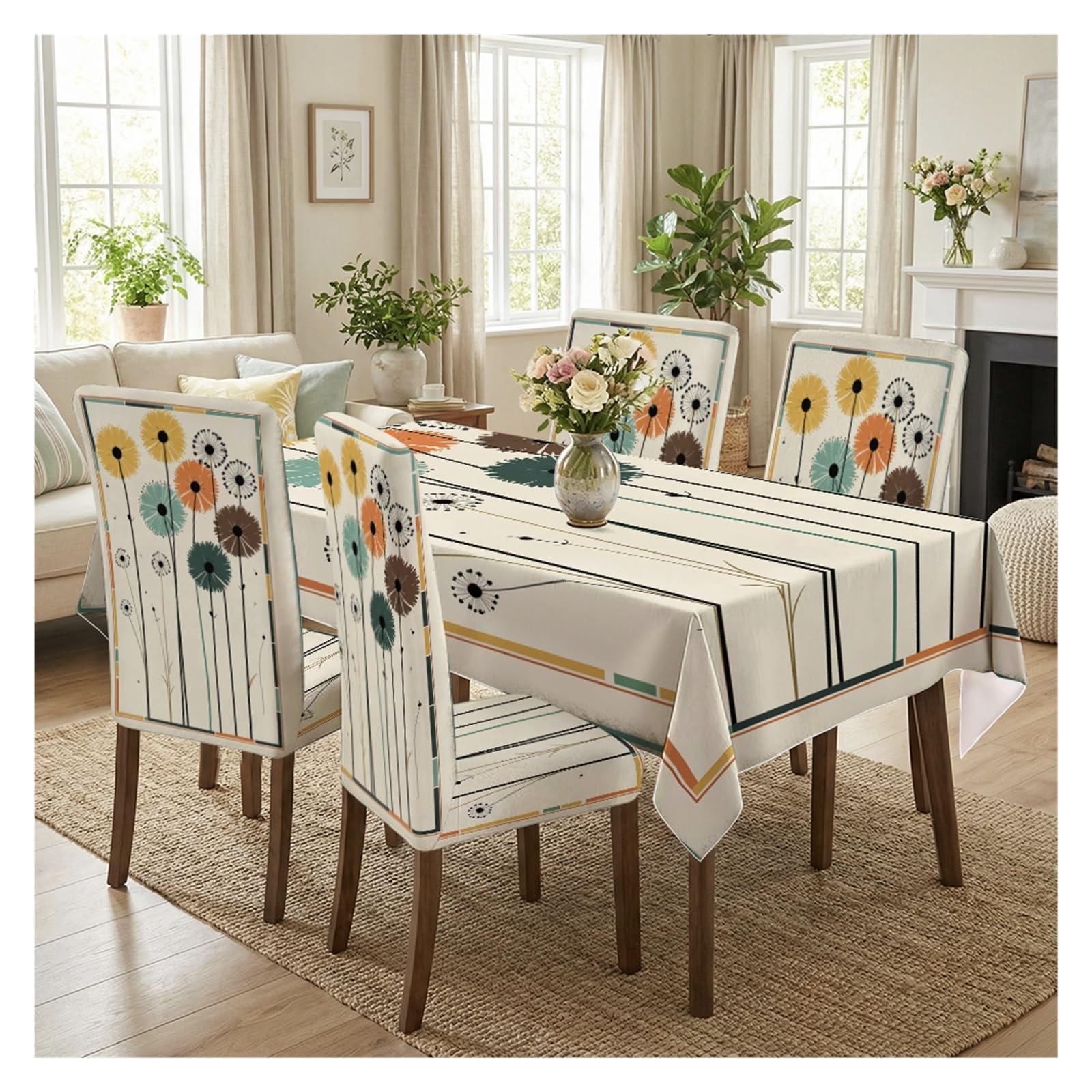 BOSUYBN Colorful Retro Dandelion Floral Printed Dining Tablecloth & Chair Covers Set, 5/7 Piece Mid-Century Modern Farmhouse Dining Room Home Decor Table Setting(5pcs Set: Tablecloth+Chair Covers)
