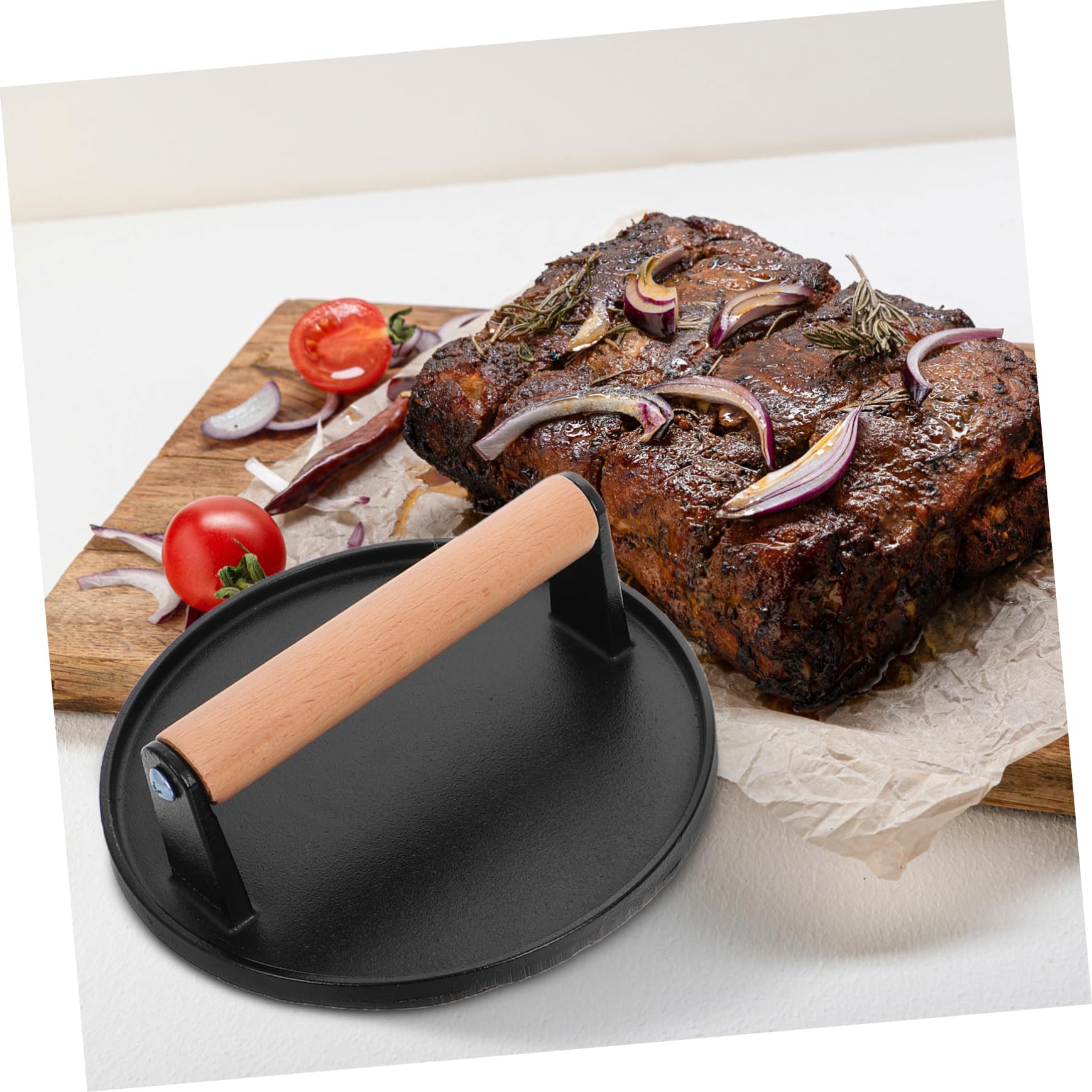 Mikikit Prensa para Hamburguesas y Carne Hierro Fundido 2 Piezas con Mango Madera Ergonómico Sin Recubrimiento Prensa Larga Multifunción para Barbacoa y Cocina Hogar