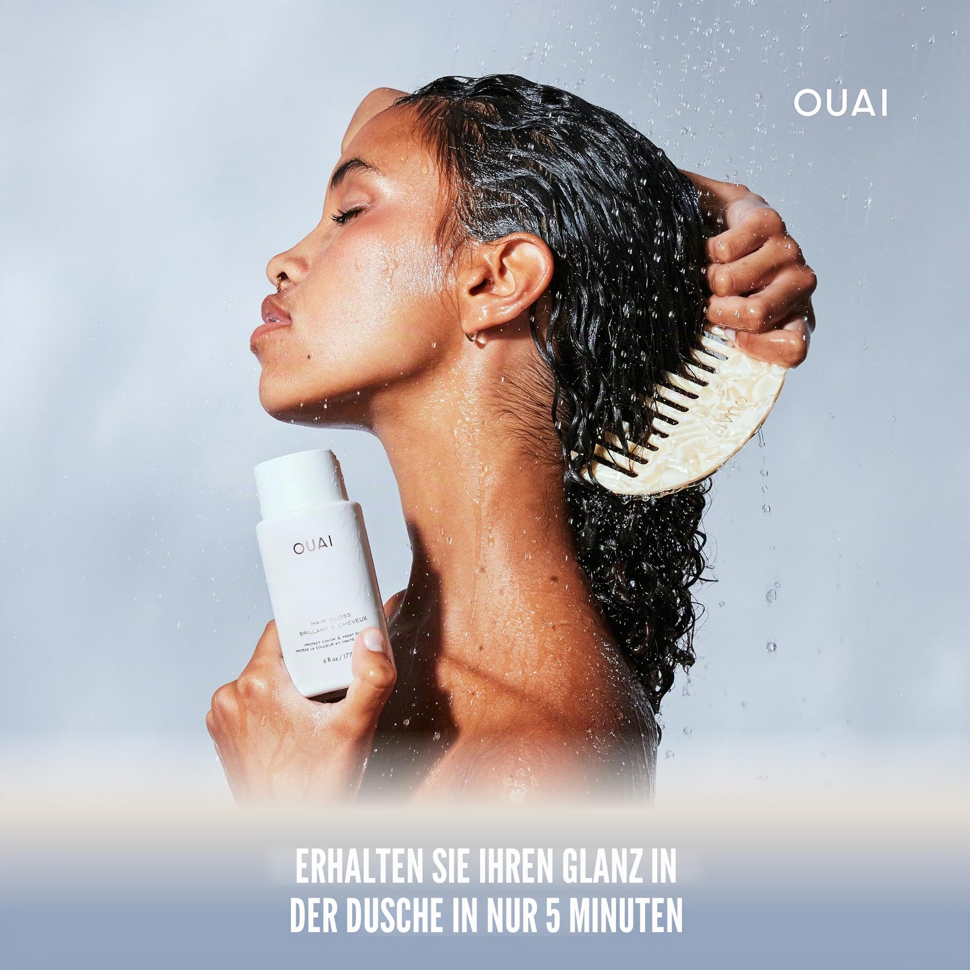 OUAI Hair Gloss – Glanzbehandlung für die Dusche mit Frizz-Kontrolle – Hitzeschutz-Haarglaze mit Hyaluronsäure, Reiswasser + Panthenol – frei von Parabenen, Phthalaten & Sulfaten (177 ml)