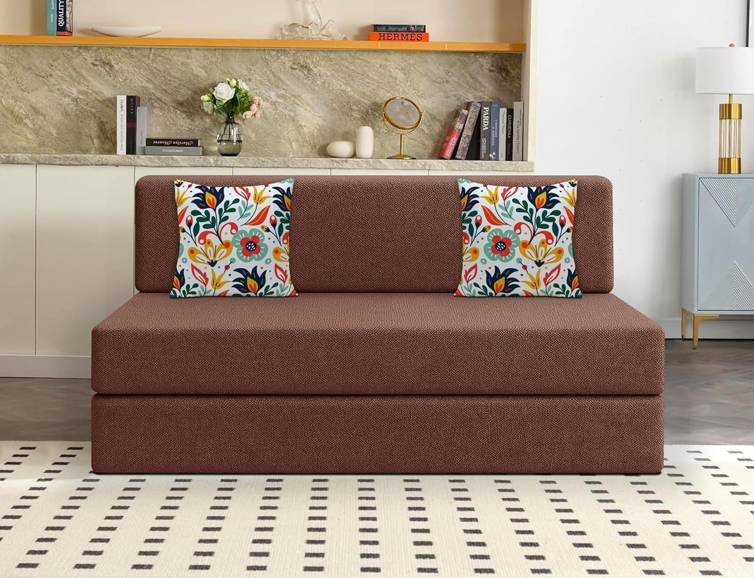 Los Angeles 2 Seater Foldable Sofa Cum Bed, Sofa Bed 4 X 6 Feet Jute Fabric Washable Cover- Including Two Cushion Perfect for Living Room & Office Guest Room - Brown Color