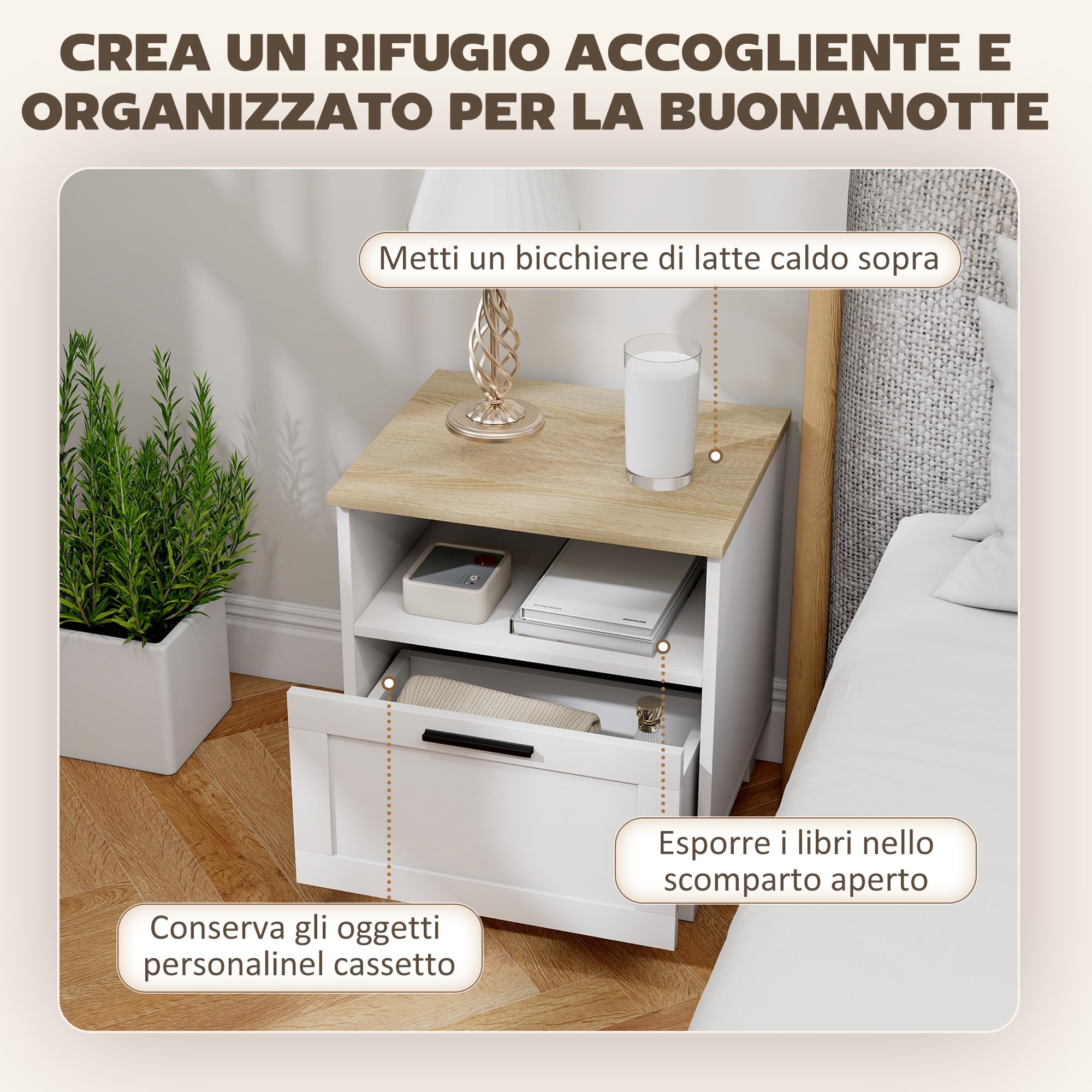 HOMCOM Comodino Camera da Letto con Cassetto e Ripiano Aperto Portaoggetti, Comodino Moderno Salvaspazio con Gambe in Legno di Pino, 45x38x50 cm, Bianco
