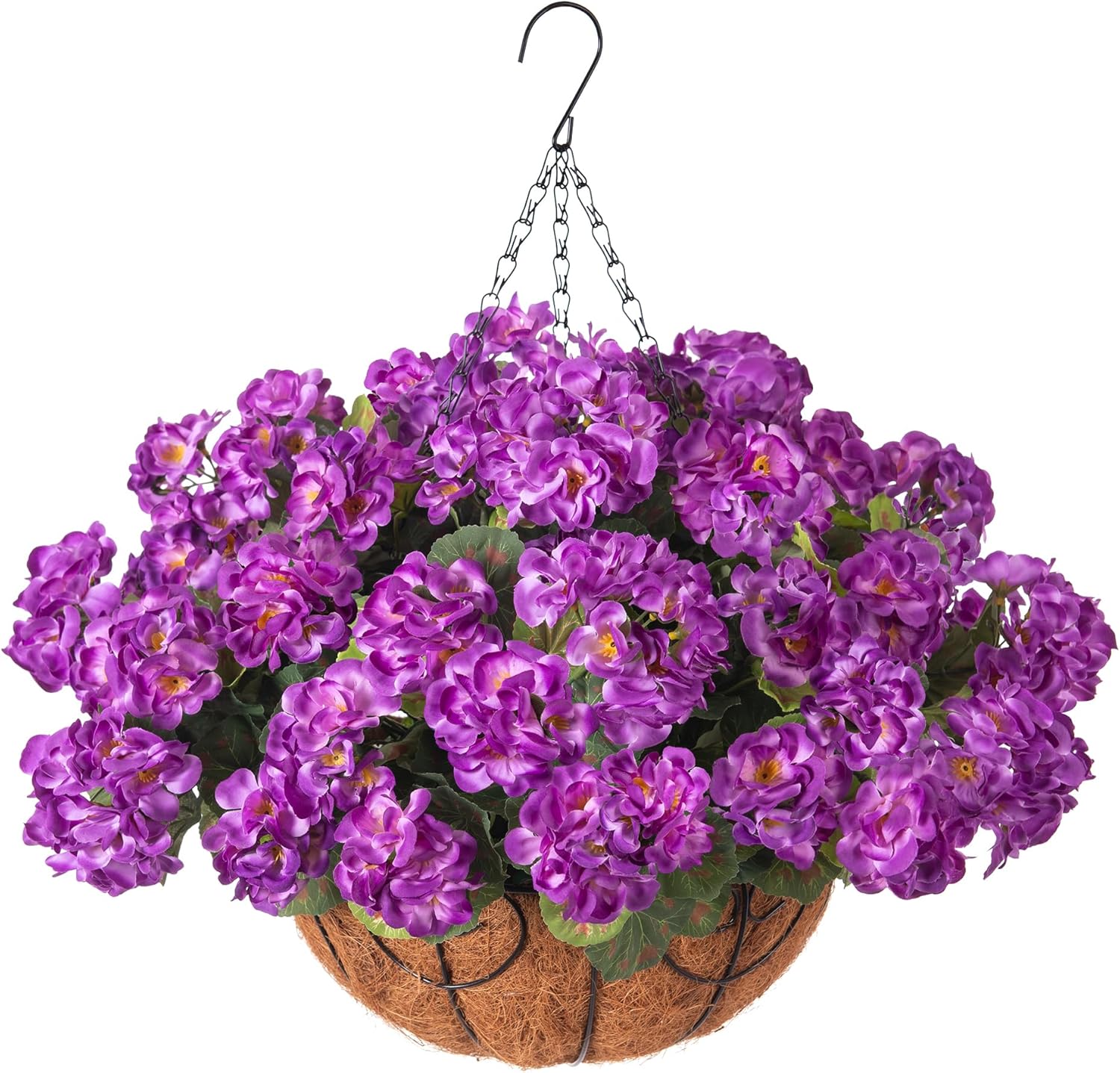 INSPRING Geraniums Artificial Flowers Hanging Basket for Outdoors Outside Spring Decoration, 8 Bundles Silk Flowers Fake Plants Look Real UV Resistant for Porch Home Patio Balcony Yard, Purple