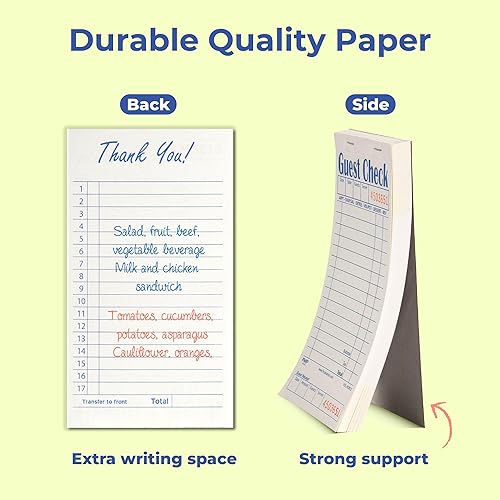 Miniatura 3 de FMP Brands Libros de cheques de invitados para servidores, papel de bloc de notas de servidor, total de 500 hojas (10 blocs), blanco con recibo de