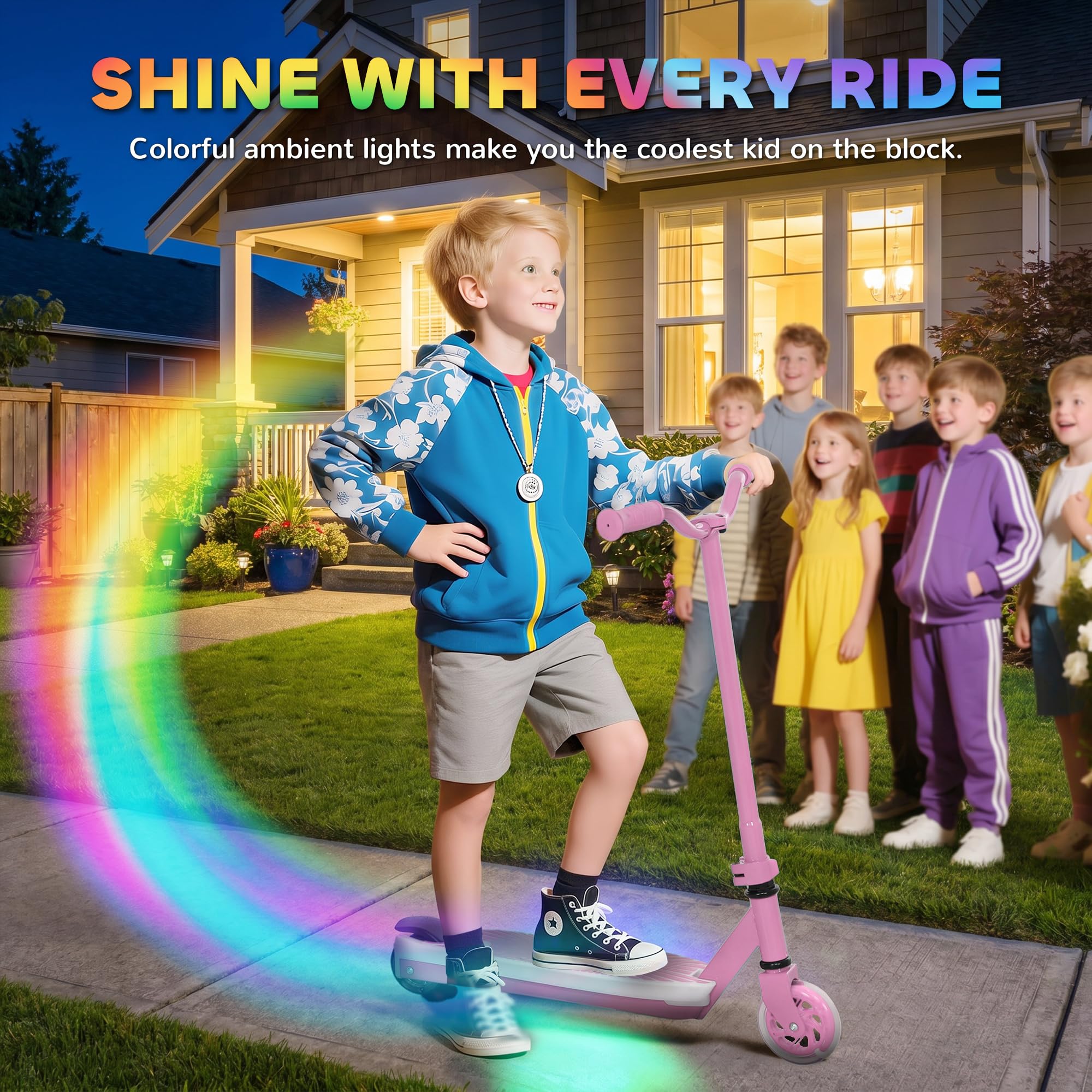 AIYAPLAY Patinete eléctrico para niños de 6 km/h y 8 km, 6 kg ligero, con ruedas traseras auxiliares, luz LED intermitente y freno eléctrico, para niños y niñas de 4 a 7 años