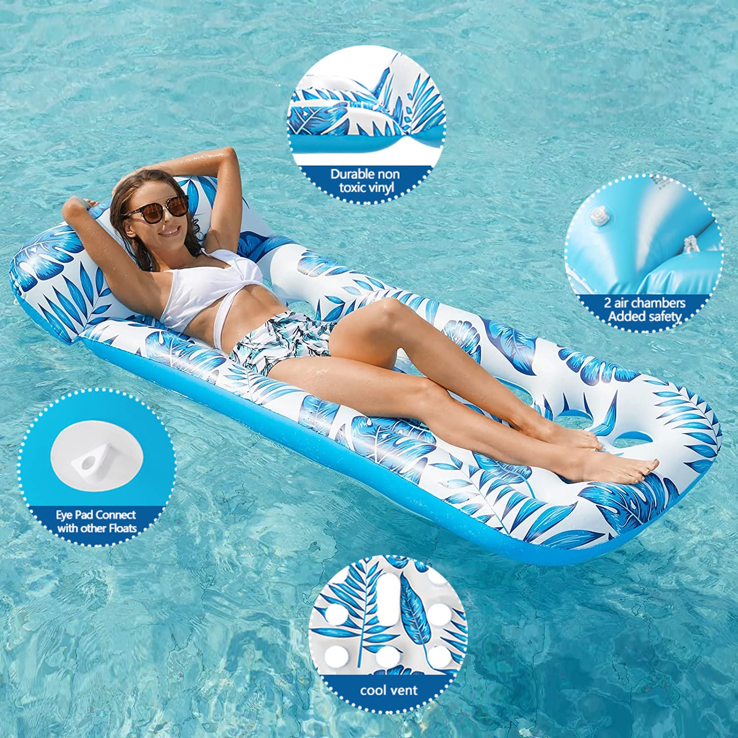 Gonfiabile Galleggiante Amaca d'acqua Piscina con Poggiatesta Zattera da letto per sedia galleggiante ad aria porosa per attività d'acqua estiva all'aria aperta, 185 x 85 cm