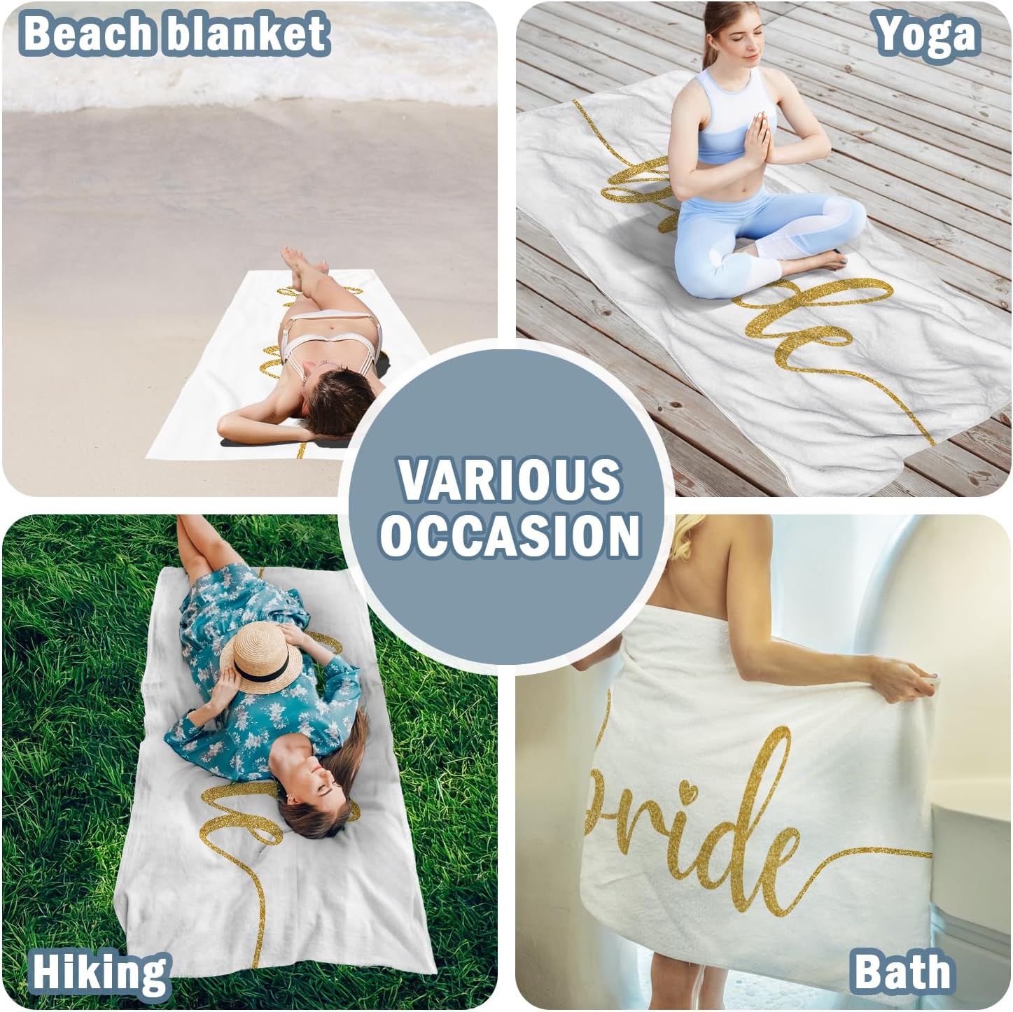 Bride Beach Towel for Bachelorette Party,Be Bridal Shower Engagement Wedding Gifts, Honeymoon Bath Towels for Bathroom Swimming Pool, White Golden Trendy Beach Towels Oversized Decor 30x60in - Image 4