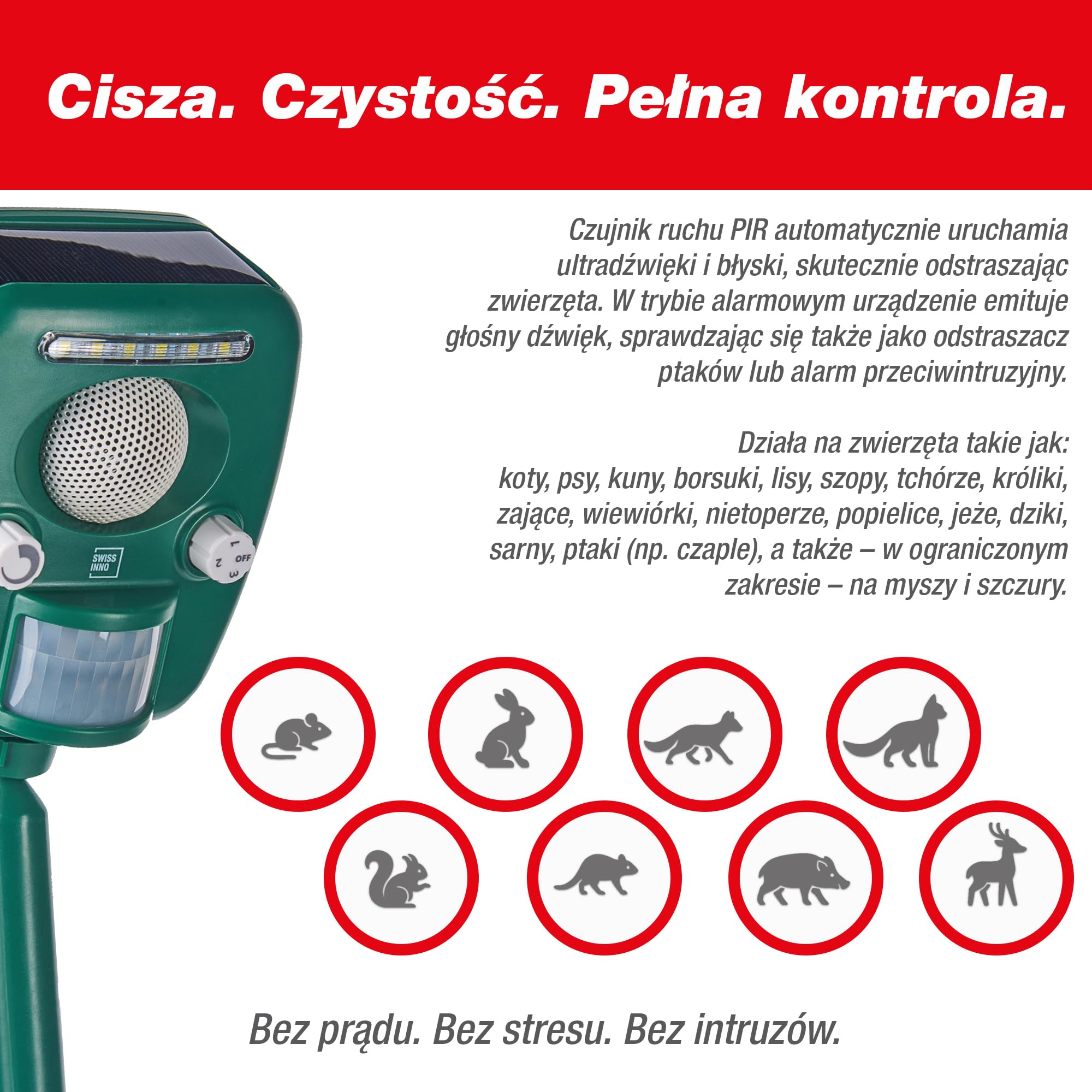 SWISSINNO Odstraszacz Ultradźwiękowy PRO – Na Koty Psy Lisy Zające Jeże – Czujnik Ruchu + LED + Syrena – Zasilanie Słoneczne – Zasięg do 150 m²