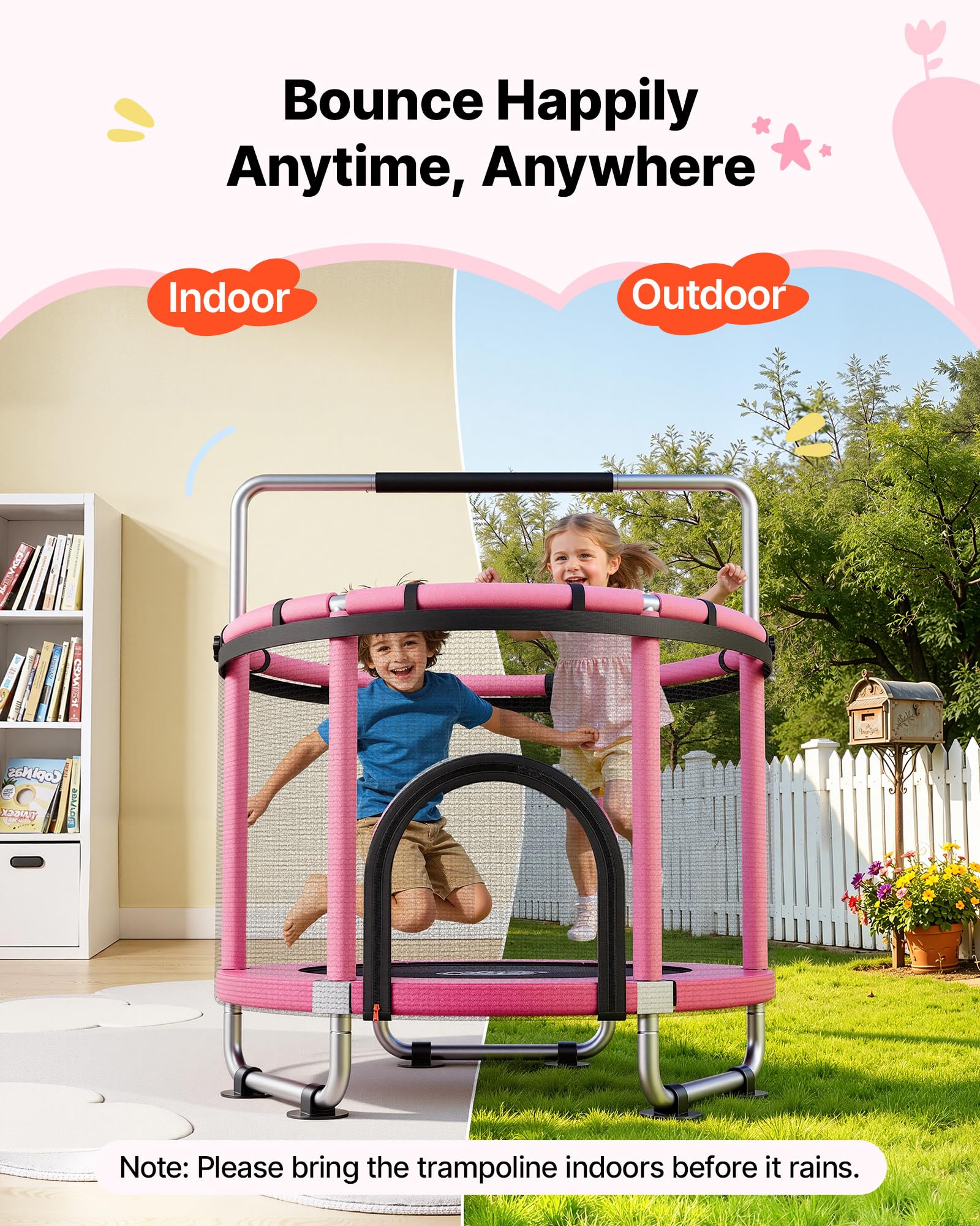 VEVOR Trampolino Elastico per Bambini 142 cm Carico 60 kg Rete Protezione, Giocattolo per Divertimento Esercizio Bambini da Interno Esterno Barra Regolabile, Trampolino Uso Domestico, Colore Rosa