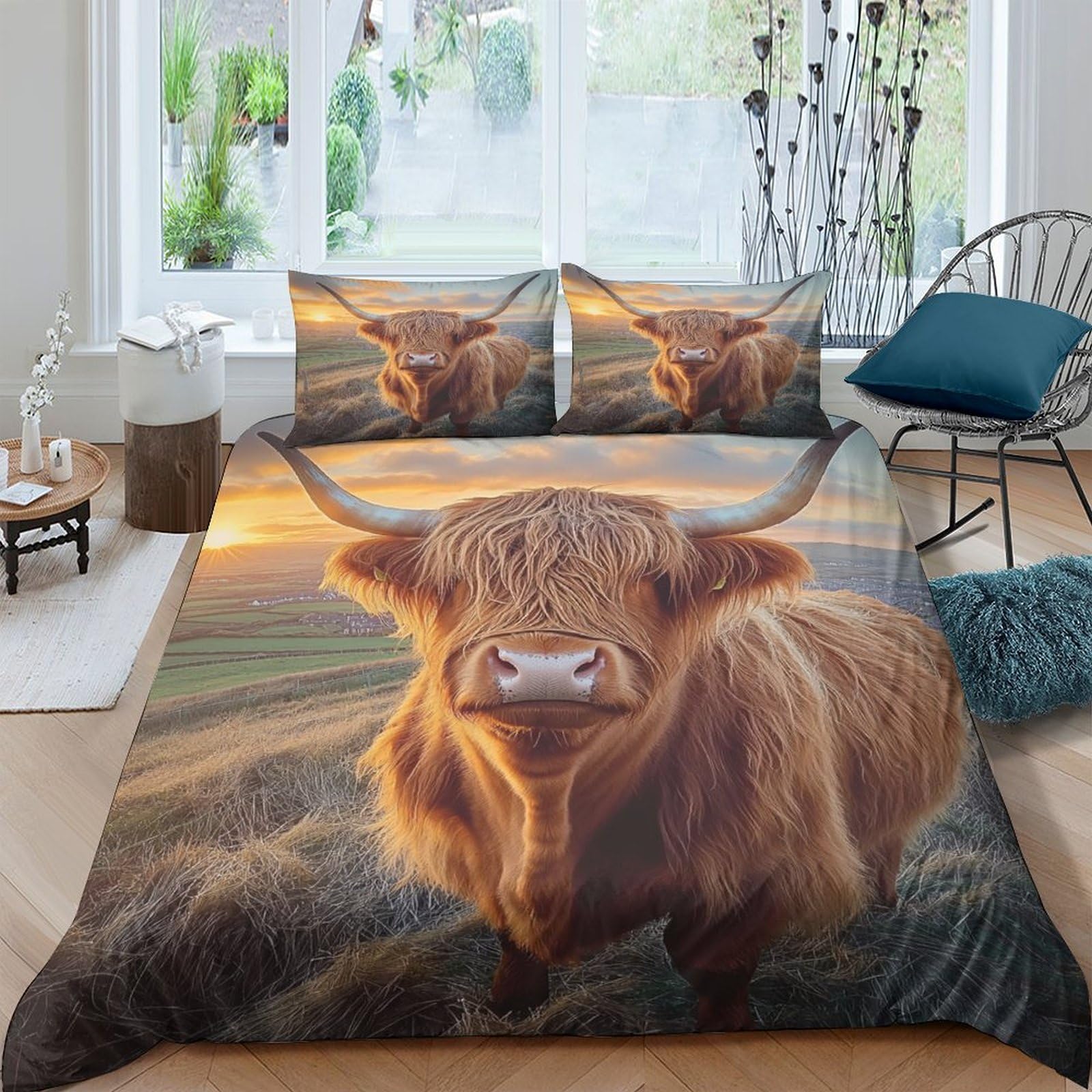 Ctjqhvkz Style-6 3D Printed Highland Cow Fitted Sheet Microfiber Brown Sunset Landscape Bed Cover For Bedroom Guest Room Decor Mattress Protection Single（135X200cm）