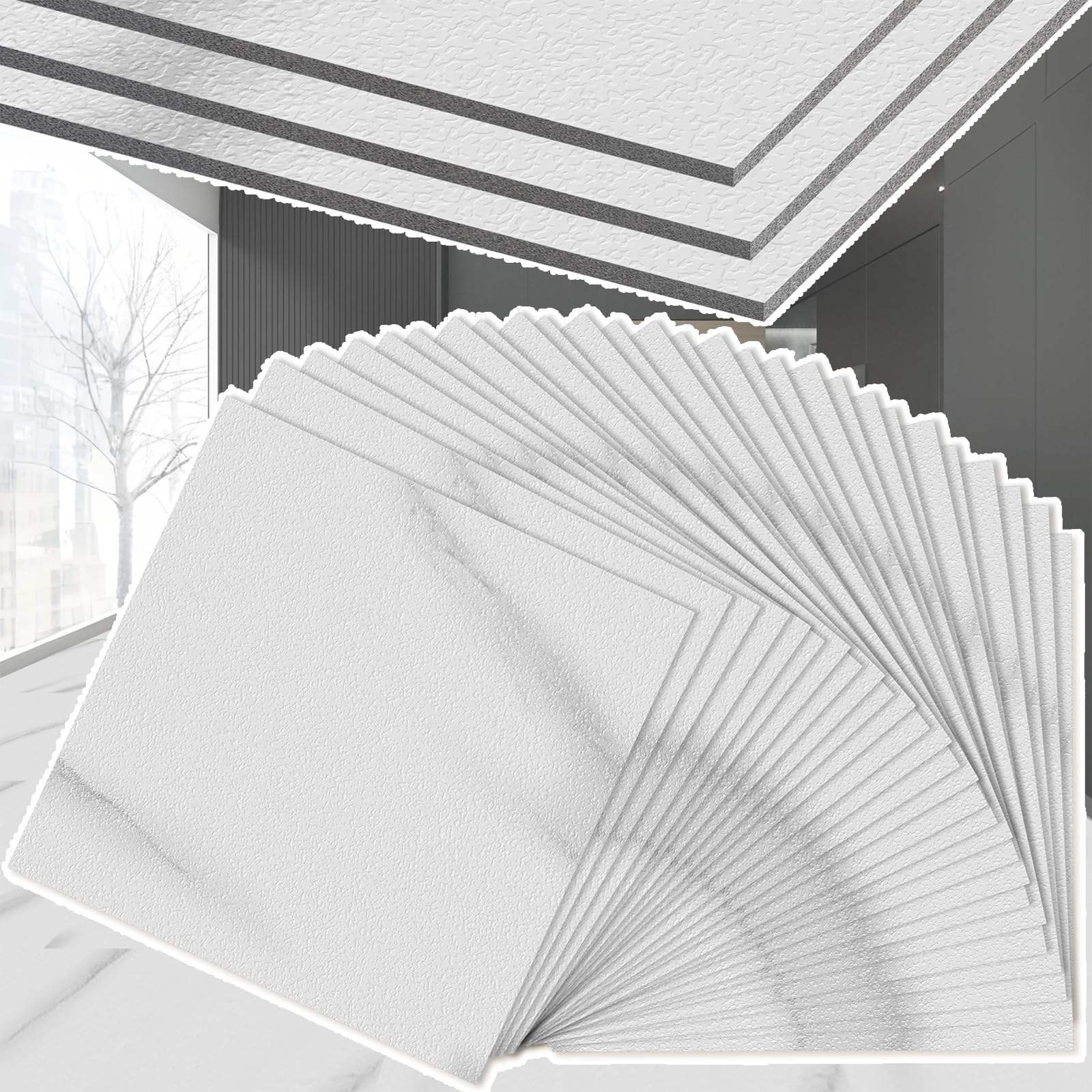 SAILUN 2.51㎡ Self Adhesive Vinyl Floor Tiles 27 Pieces Stone Effect Peel 30x30cm Stick PVC Flooring Waterproof Wear-Resistant Floor Tiles for Kitchen, Bathroom & Living Room (White Texture)