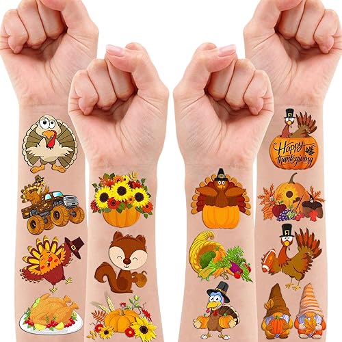 Miniatura 2 de 96 calcomanías de tatuajes temporales de Acción de Gracias, Hola otoño, decoración de fiesta de cumpleaños, suministros de decoración, regalos de