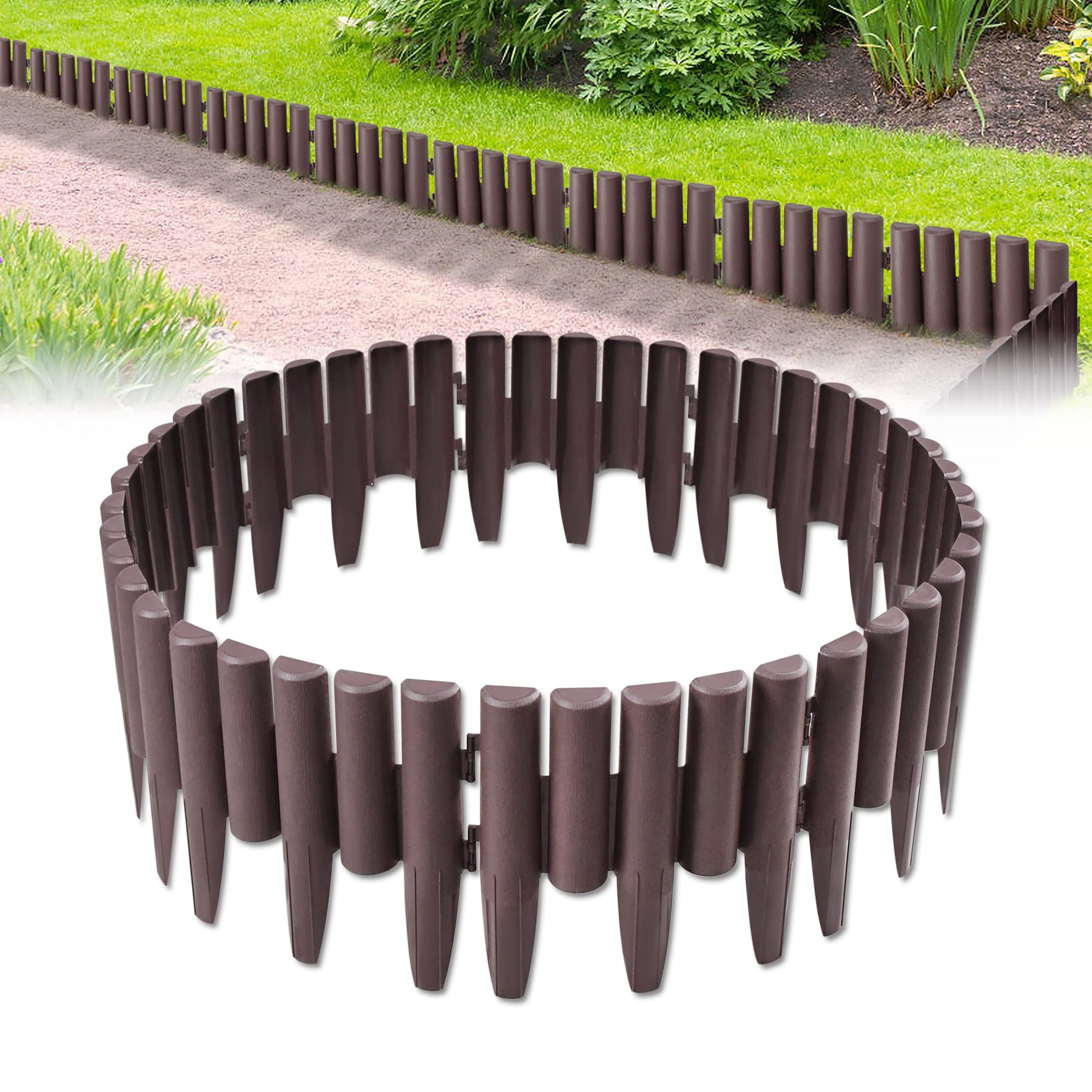 Froadp Bordo per prato, in plastica, 28 x 24 cm, effetto legno, decorativo per palizzata, bordo flessibile per aiuole da giardino, recinzioni per frutteti (14 m = 50 pezzi, marrone)