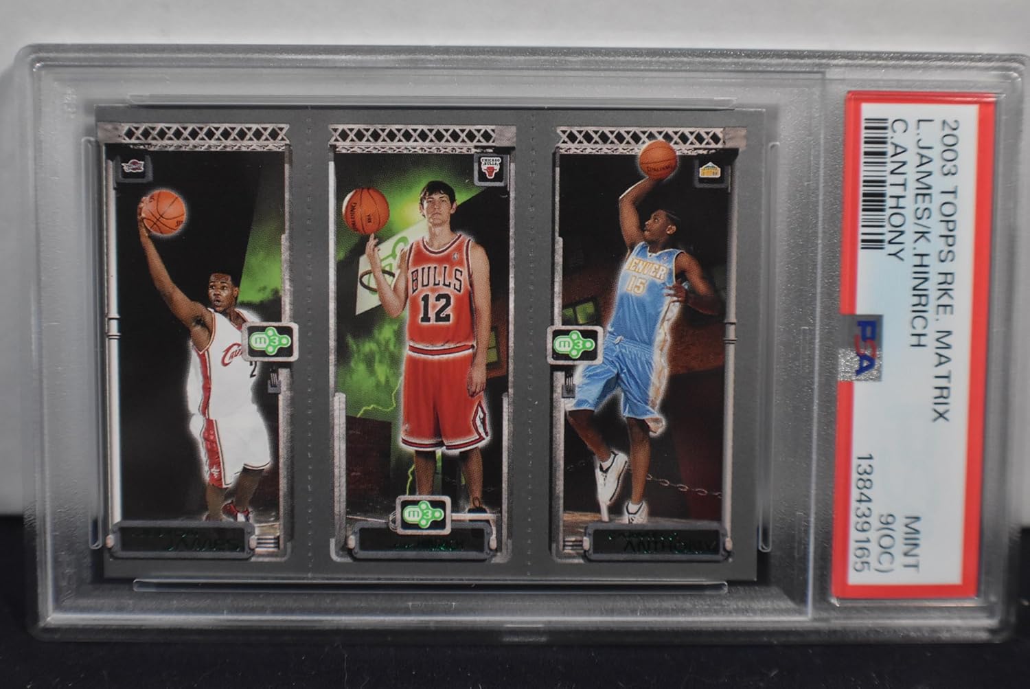LEBRON JAMES Kirk Hinrich CARMELO ANTHONY 2003-04 Topps Rookie Matrix 111/117/113 Basketball Rookie Card RC PSA Graded Mint 9(Off Center) Los Angeles Lakers Chicago Bulls Denver Nuggets