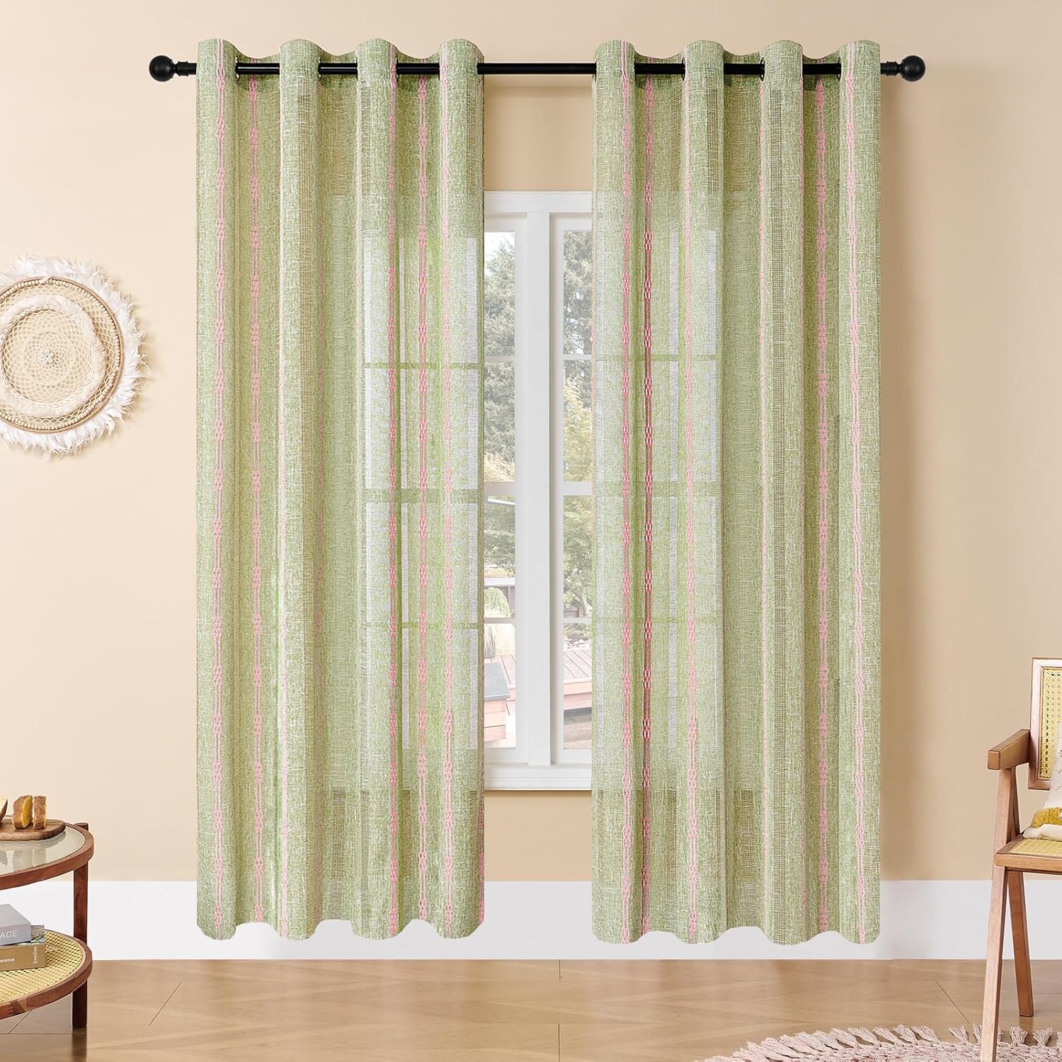 Estelar Textiler Boho Farmhouse Curtains for Living Room, Soft Linen Textured Embroidered Curtains for Bedroom, Light Filtering Grommet Semi Sheer Drapes, Sage Green, 52Wx72L, 2 Panels