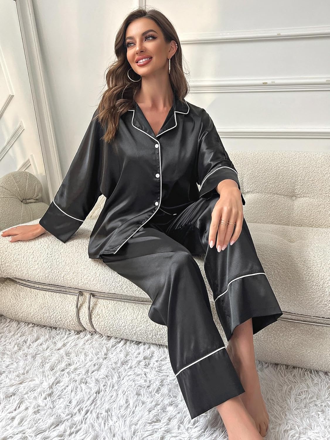 Women's Classic Sleepwear Long Sleeve Button Down Satin Silk Sleepwear Wide Leg Pants Loungewear Pajama Set 2 Piece - Image 3