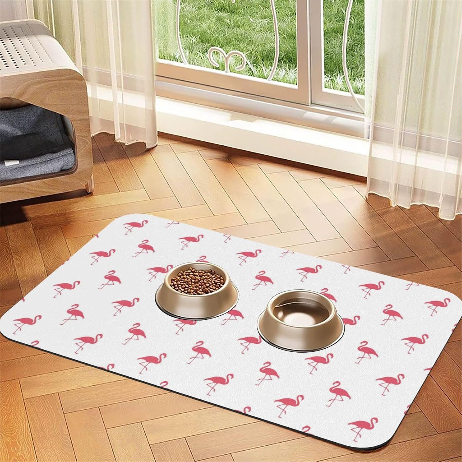 Non-Slip Leather Dog Food Mat, Absorbent Waterproof Cat Feeding Pad for Floors, Pet Bowl Mat Pet Supplies & Accessories Flamingo