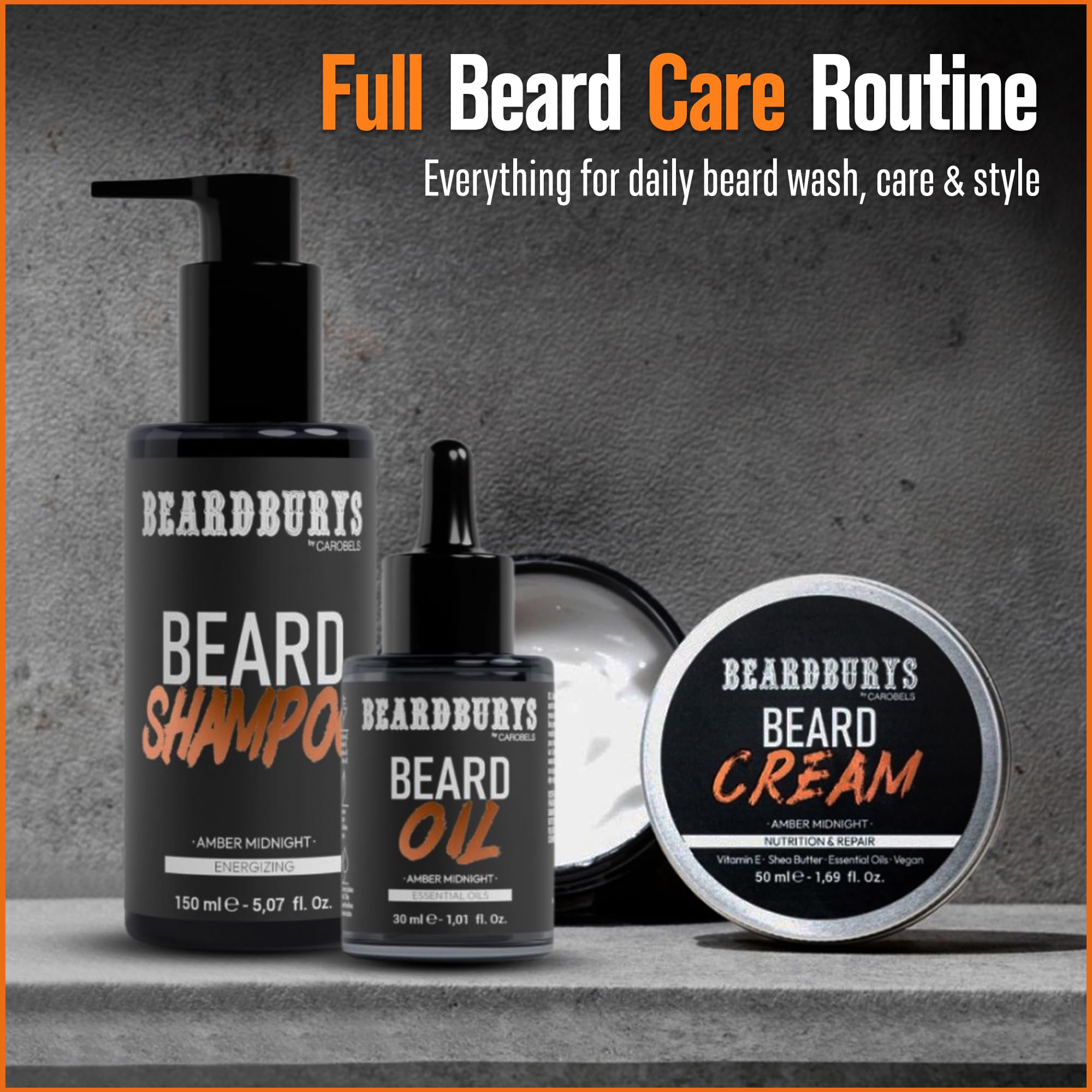 Beardburys Beard Grooming Kit for Men, Shampoo, Oil and Cream Care Set Gift | Beard care set with beard shampoo, beard oil and beard cream. Hydrating and nourishing with amber midnight fragrance.
