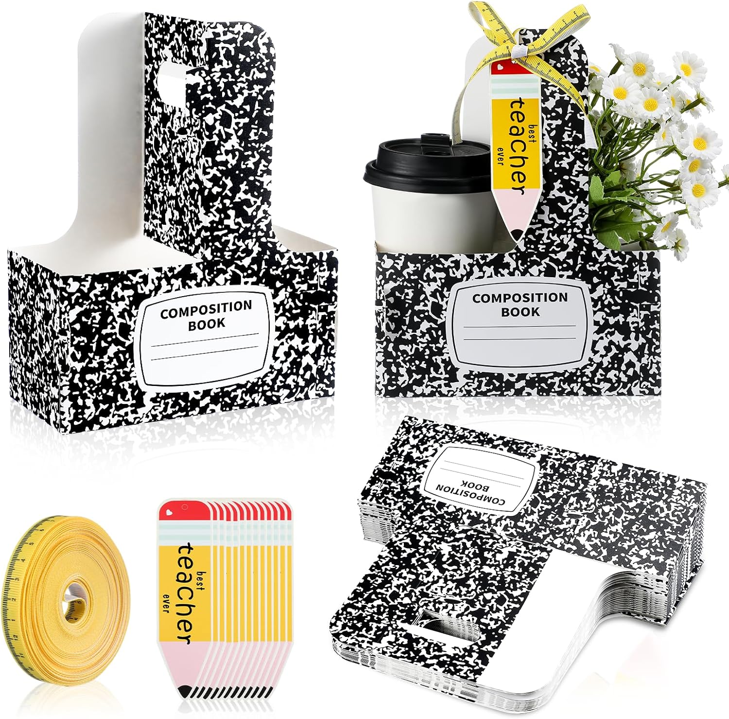 24 Set Teacher Appreciation Gifts 2 Cup Drink Carrier with Greeting Card Ribbon Disposable Cup Holders with Handle for Party Favors(Stripe,Brown)