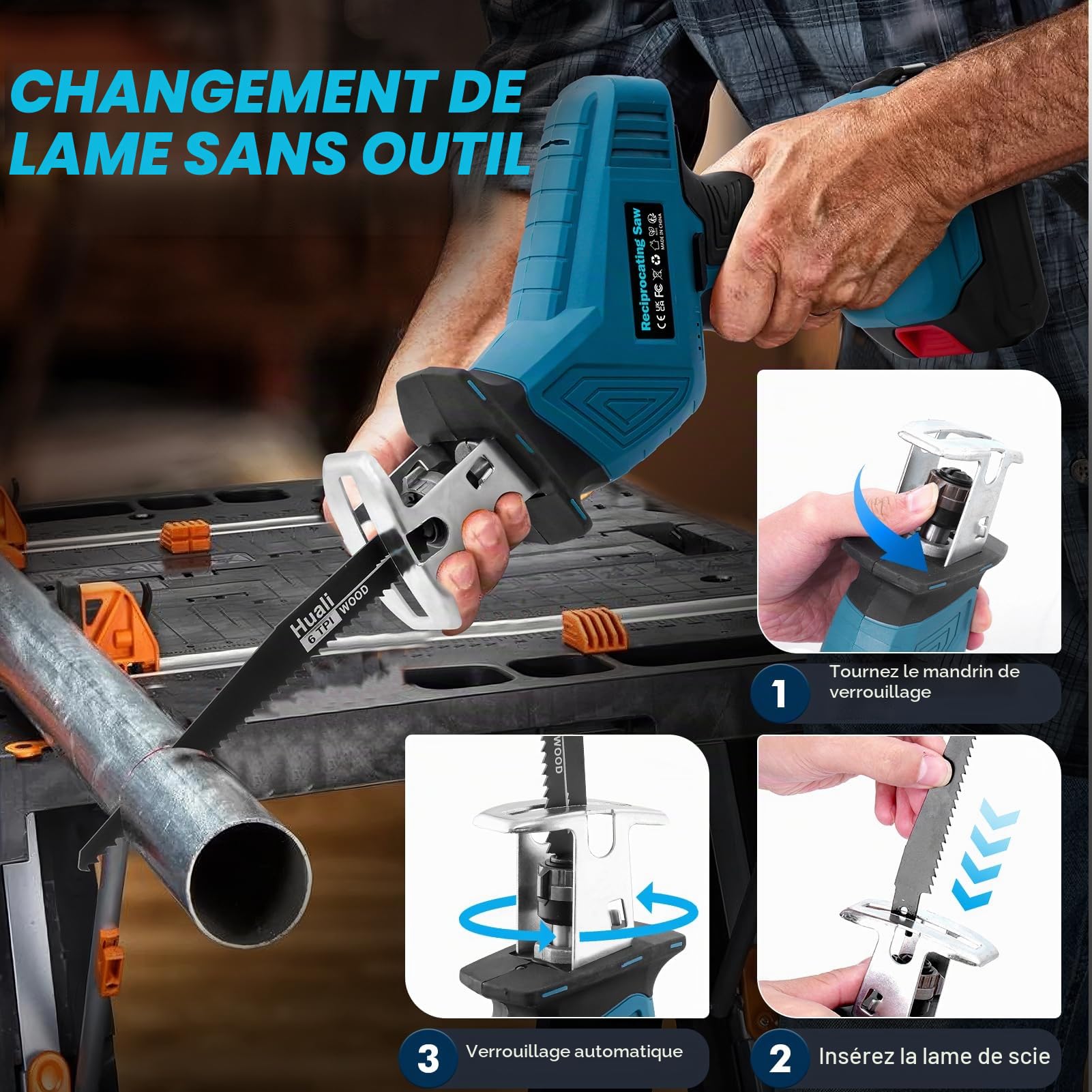Scie Sabre Sans Fil 21V avec 2 Batteries & Chargeur • 8 Vitesses Réglables (4000 CPM) • Pour Coupe Bois et Métal • Scie Alternative Électrique Puissante et Portable