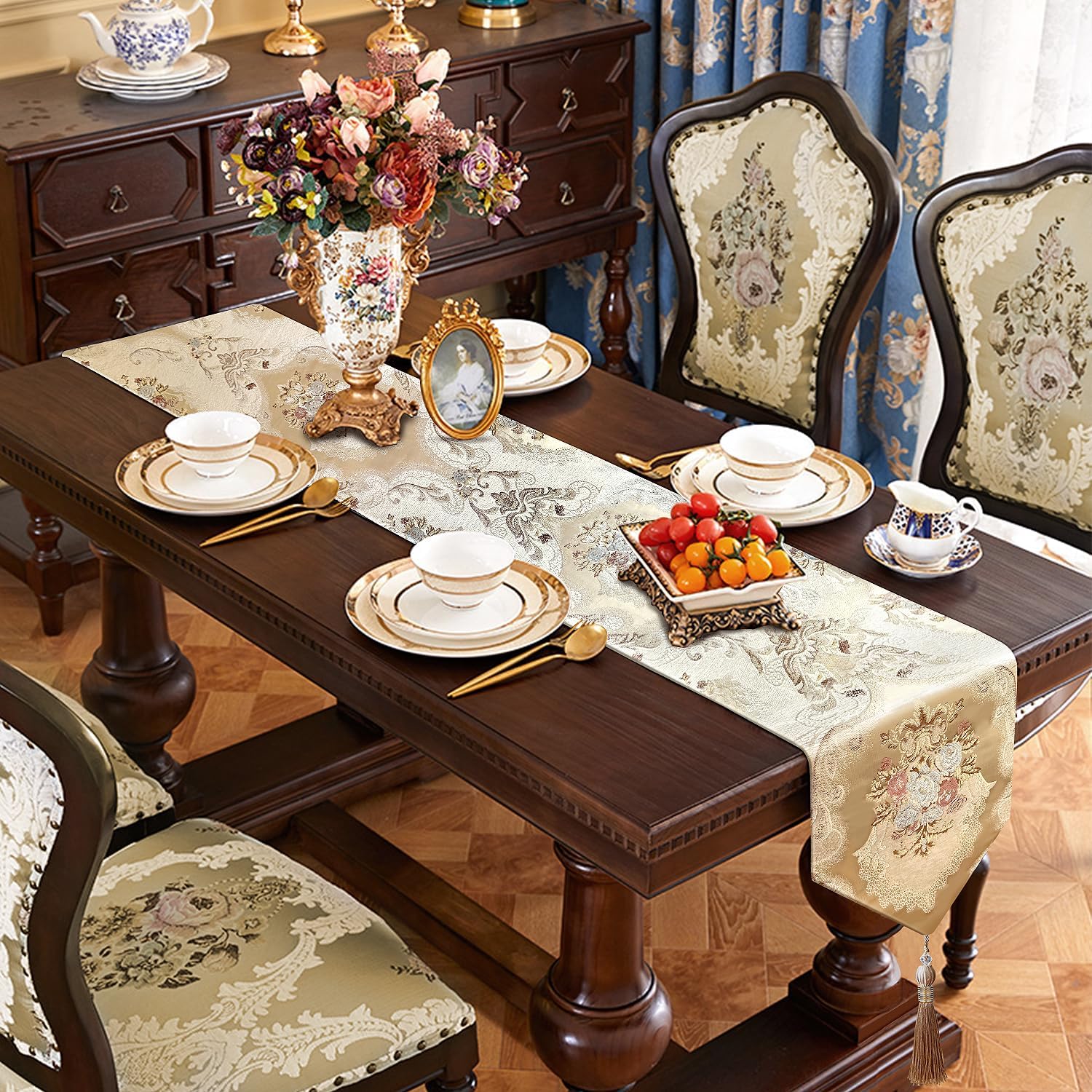 HeMiaor Exquisite Table Runner with Chenille and Elegant Chic Jacquard Textured Damask Design with Beaded Tassels for Daily Decoration 120 inches Long Beige