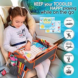ECOFANTASY Kids Travel Tray - Waterproof Car Table with No-Drop Large Tablet Holder - Car Seat Tray - Road Trip Must Haves - Kids Lap Desk Organizer for Airplane - Toddler Travel Essentials (Orange)
