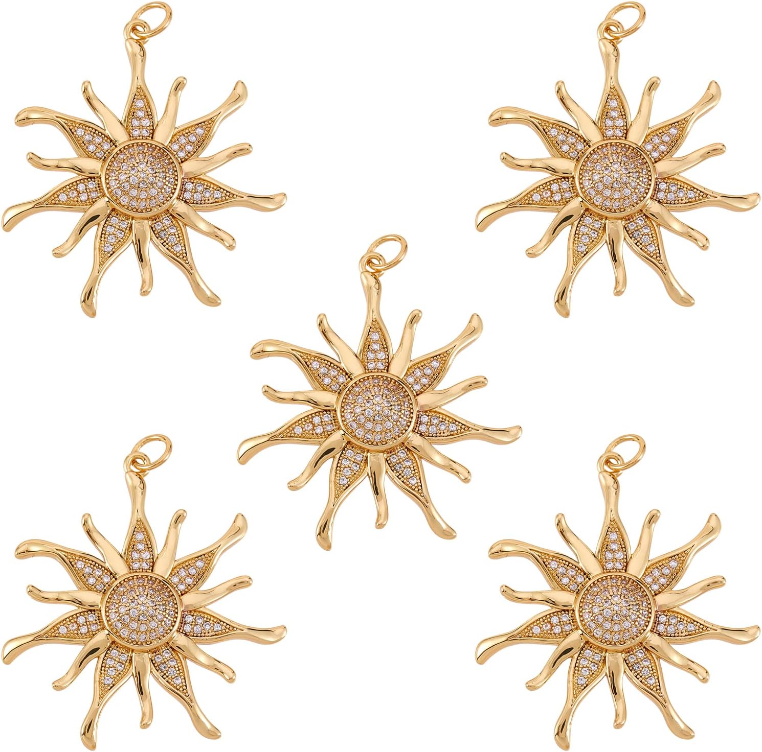 5 Pcs Brass Sun Charm Brass Micro Pave Clear Cubic Zirconia Pendants Long Lasting Plated Charm Pendant for Jewelry Necklace Earring Making