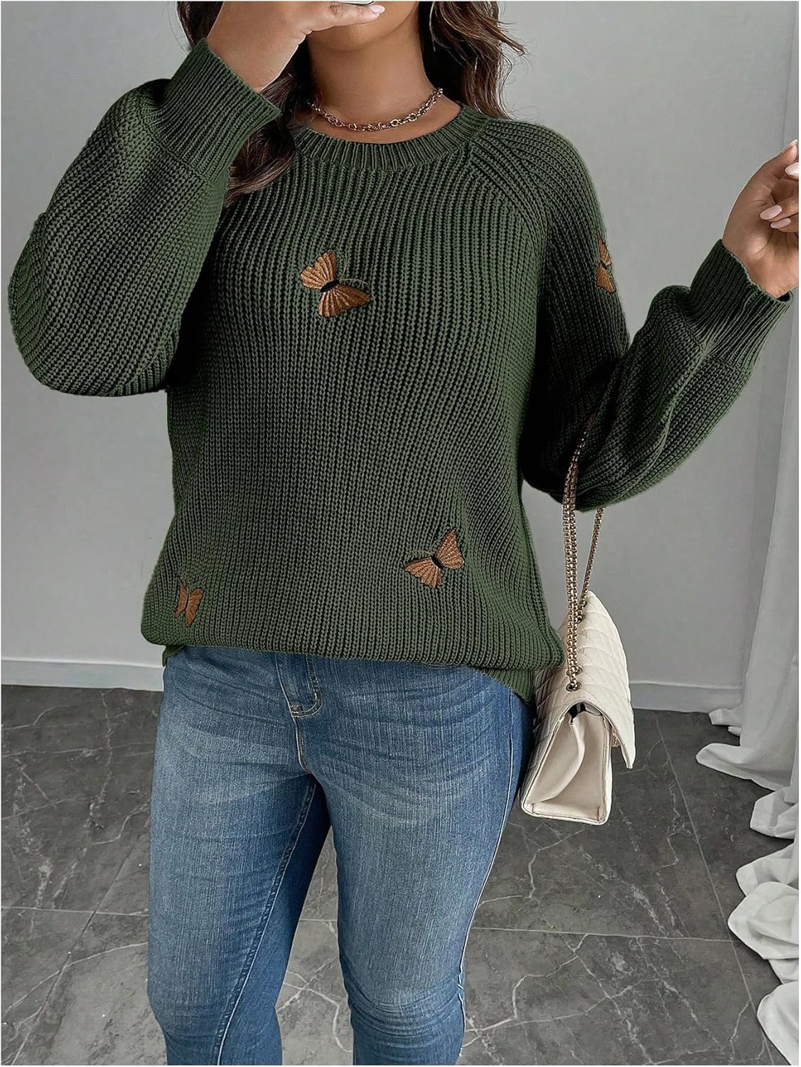 Women's Plus Size Butterfly Sweater Embroidery Long Sleeve Pullover Sweater Crew Neck Knit Tops - Image 4