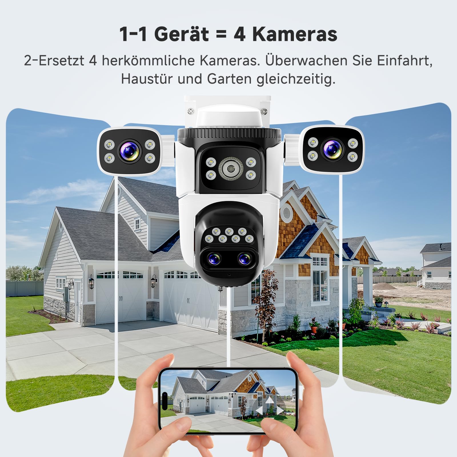 VSTARCAM Telecamera di sorveglianza esterna Wi-Fi, 2K 4 lenti PTZ telecamera con visione a 360°, rilevamento personale e tracciamento, zoom ibrido 10X, visione notturna a colori, audio bidirezionale