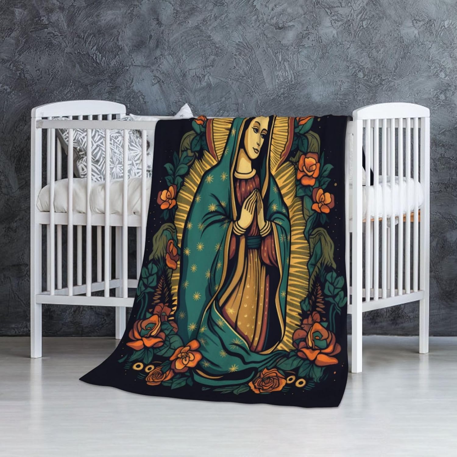 Virgin Mary Flannel Throw Blanket, 50" x 40", Our Lady of Guadalupe Themed Black Throw for Home, Bed, Couch, Sofa, Fiesta-De-Ia-Virgen Catholic Gifts - Image 5